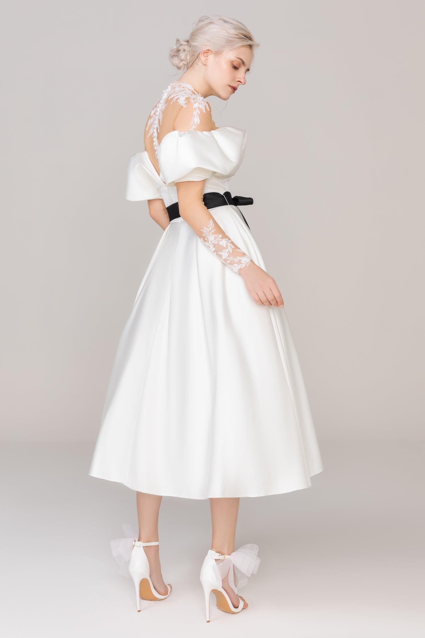 A-Line Tea Length Satin Tulle Wedding Dress CW2459 - COCOMELODY