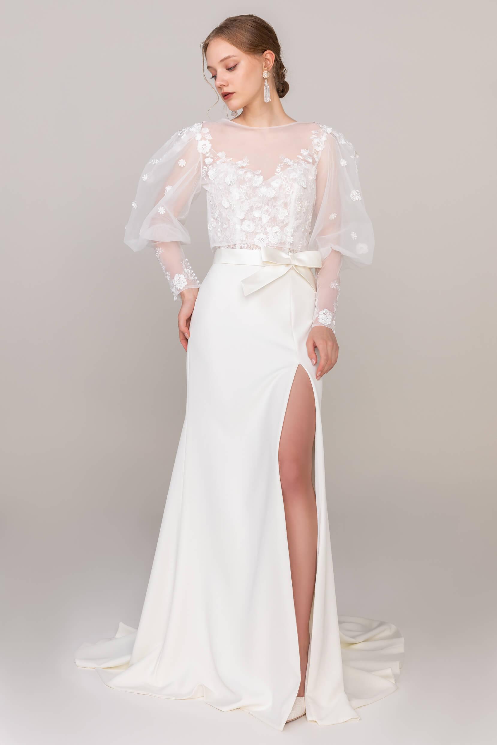 Trumpet Sweep-Brush Train Lace Elastic Cloth Wedding Dress CW2463 - COCOMELODY