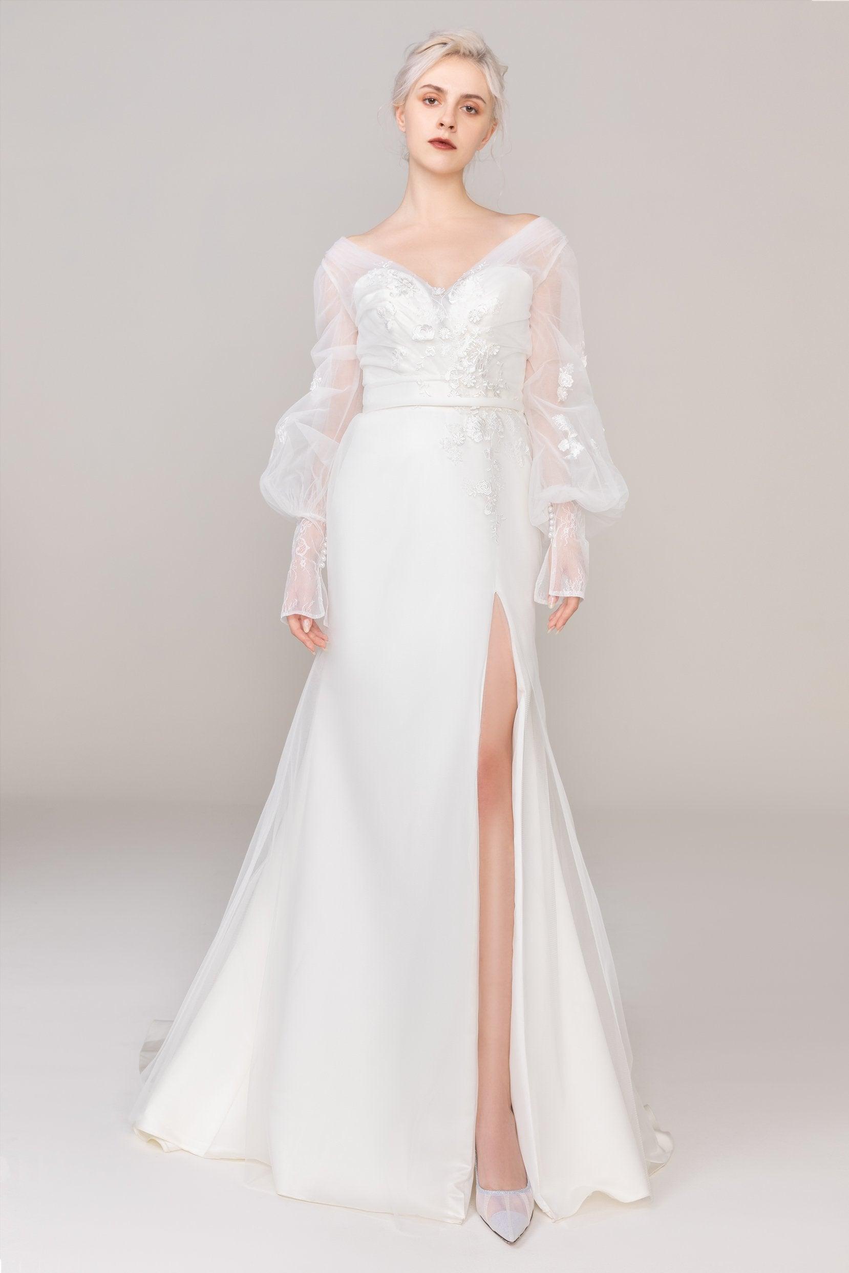 Trumpet-Mermaid Sweep Train Tulle Satin Wedding Dress CW2474 - COCOMELODY