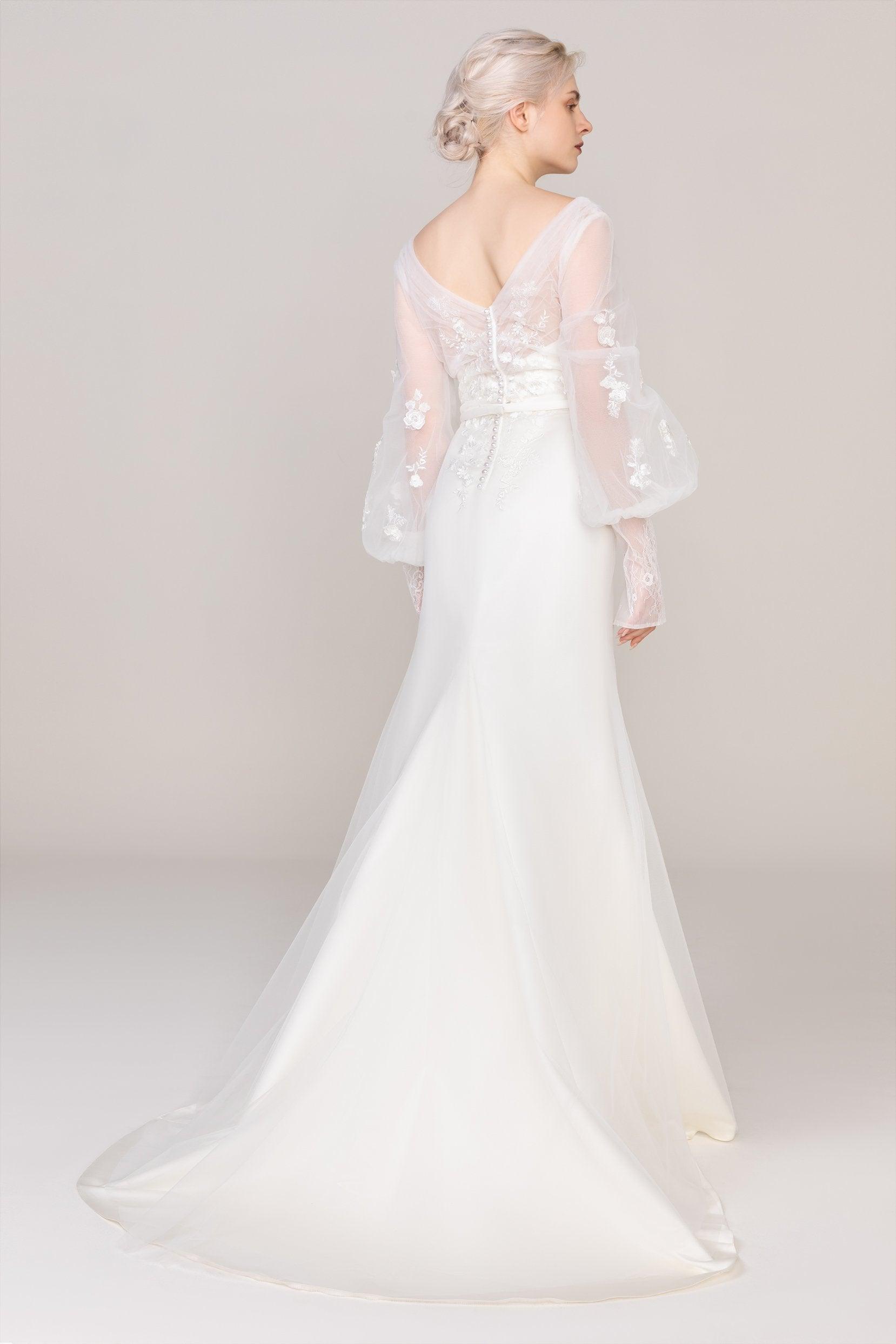 Trumpet-Mermaid Sweep Train Tulle Satin Wedding Dress CW2474 - COCOMELODY