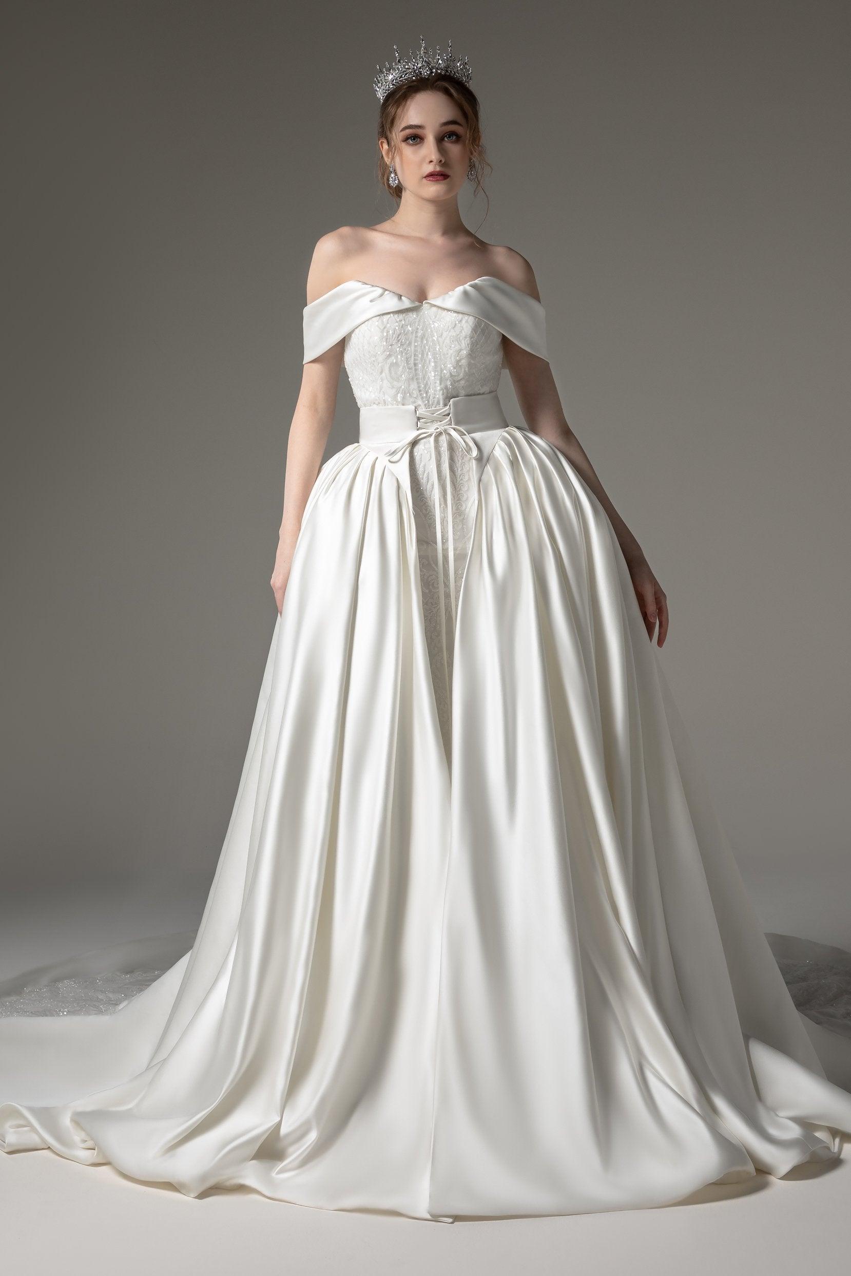 Princess Chapel Train Satin Wedding Dress CW2512 - COCOMELODY
