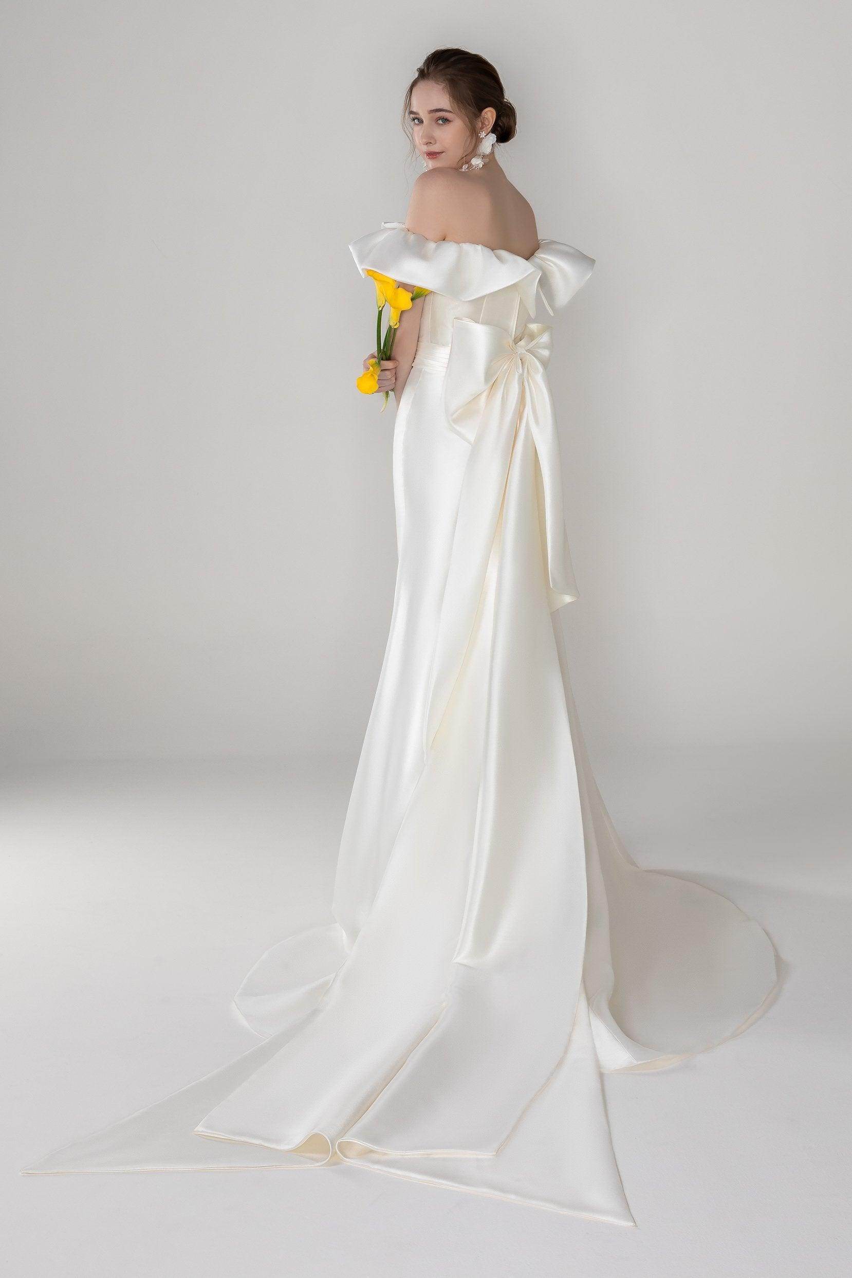 off-the-shoulder mikado trumpet wedding dress Mikado Trumpet Wedding Dress with Sculpted Neckline and Detachable Train
