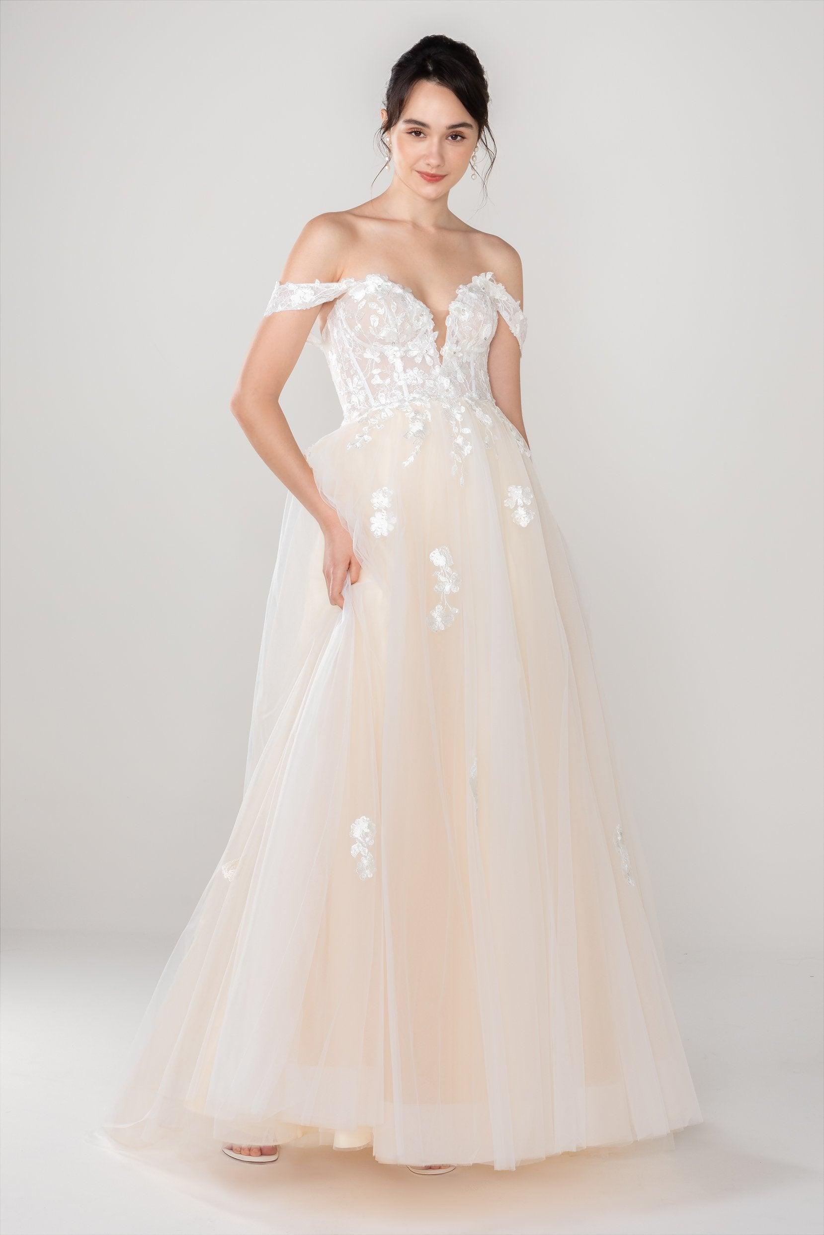 A-Line Sweep-Brush Train Tulle Lace Wedding Dress CW2536 - COCOMELODY