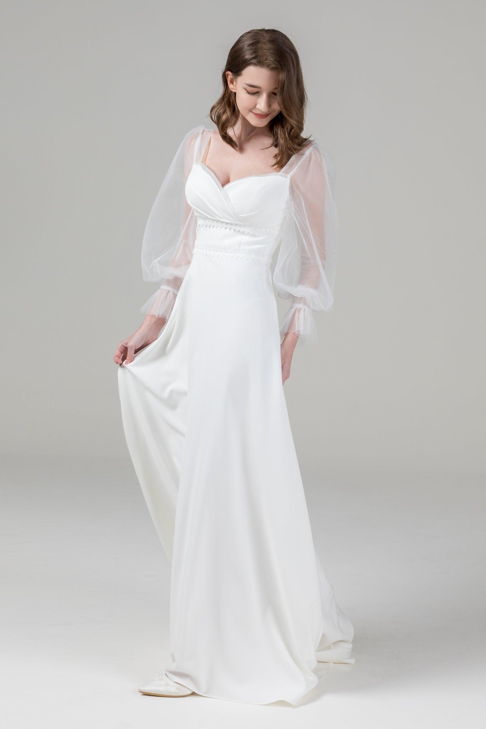 A-Line Sweep-Brush Train Elastic Cloth Wedding Dress CW2582 - COCOMELODY