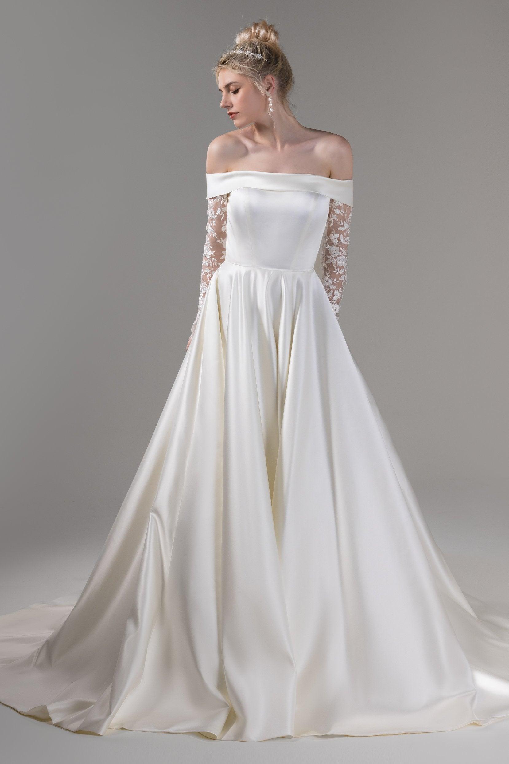 A-Line Court Train Satin Wedding Dress CW2655 - COCOMELODY