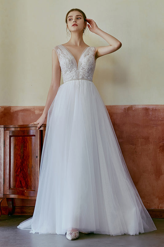 A-Line Floor Length Lace Tulle Wedding Dress CW2666