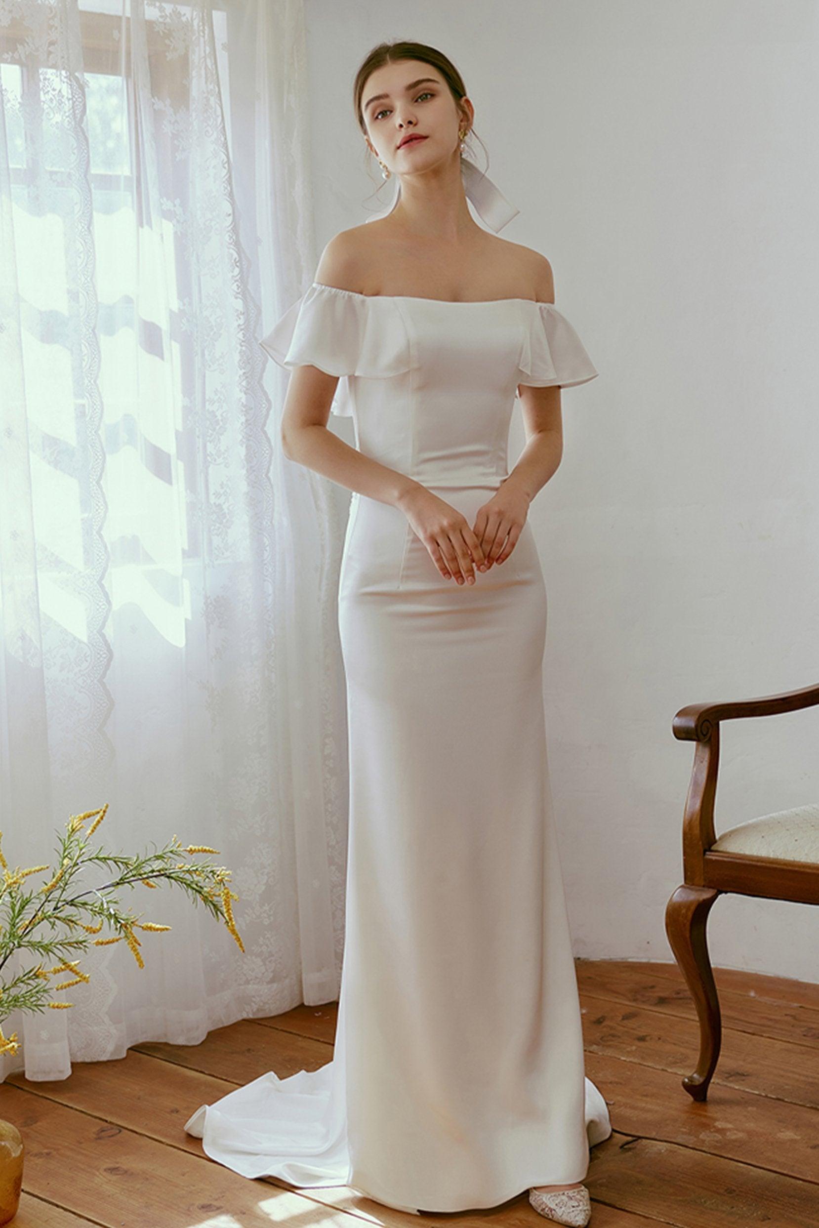 Sheath-Column Sweep-Brush Train Satin Wedding Dress CW2667 - COCOMELODY