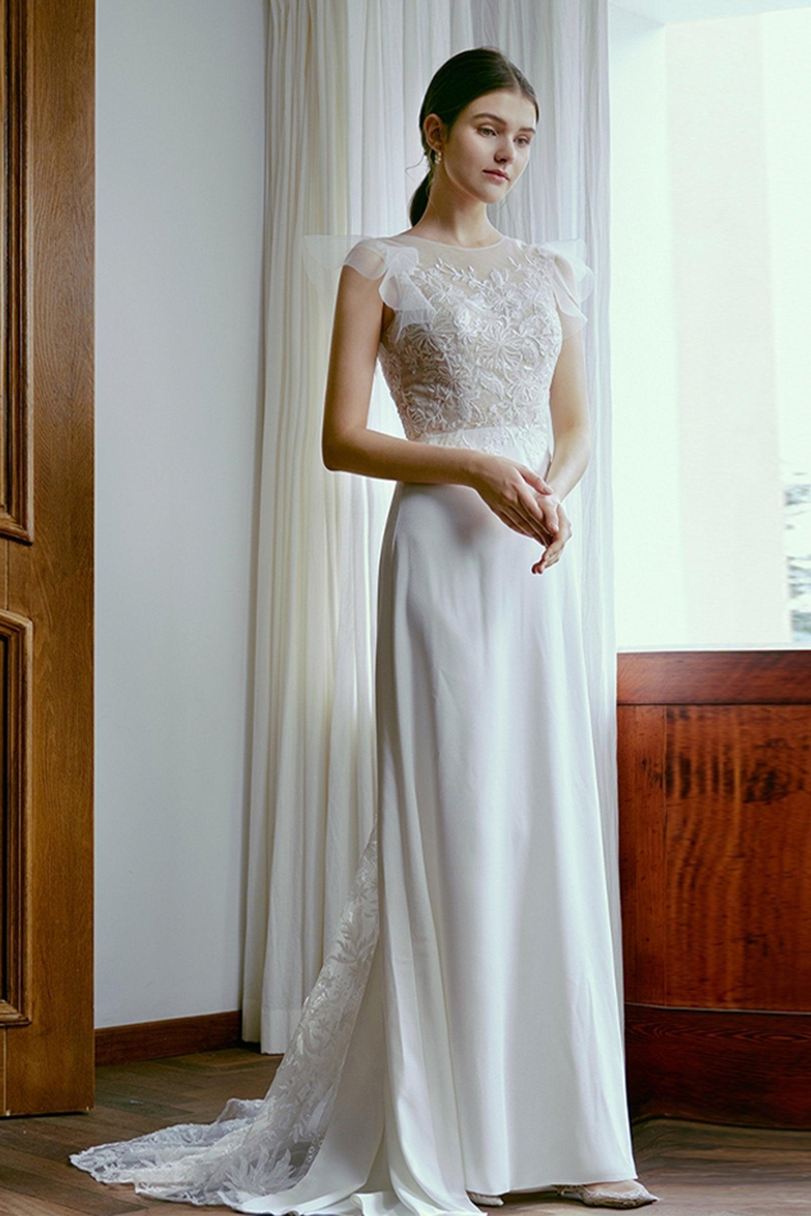 Sheath Sweep-Brush Train Lace Tulle Wedding Dress CW2672CR - COCOMELODY