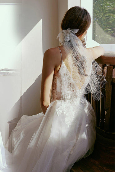 A-Line Sweep-Brush Train Lace Tulle Wedding Dress CW2674 - COCOMELODY