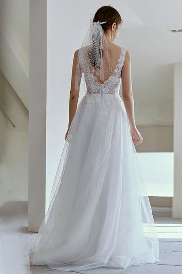 A-Line Sweep-Brush Train Lace Tulle Wedding Dress CW2681 - COCOMELODY
