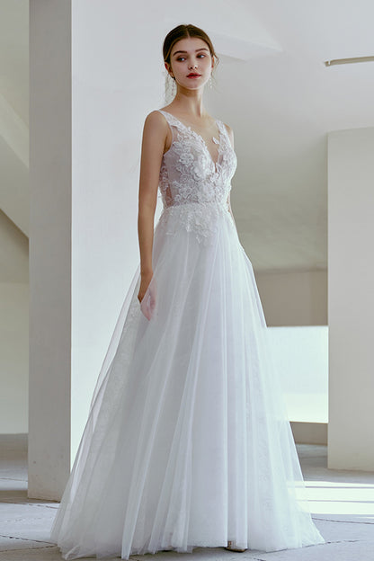 A-Line Sweep-Brush Train Lace Tulle Wedding Dress CW2681