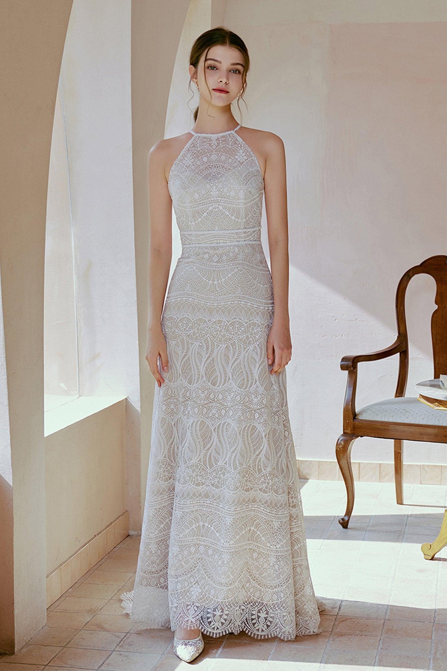 Sheath Sweep-Brush Train Lace Tulle Wedding Dress CW2682 - COCOMELODY