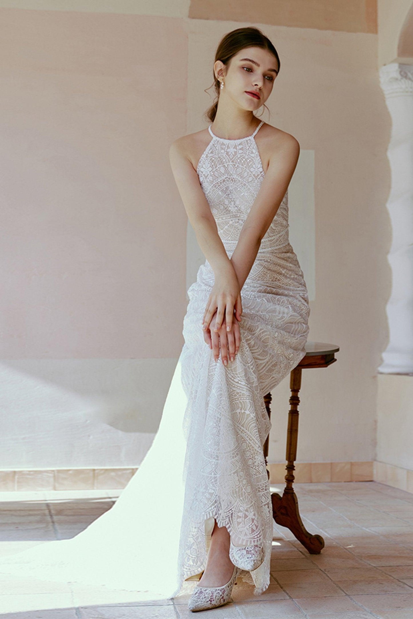 Sheath Sweep-Brush Train Lace Tulle Wedding Dress CW2682 - COCOMELODY