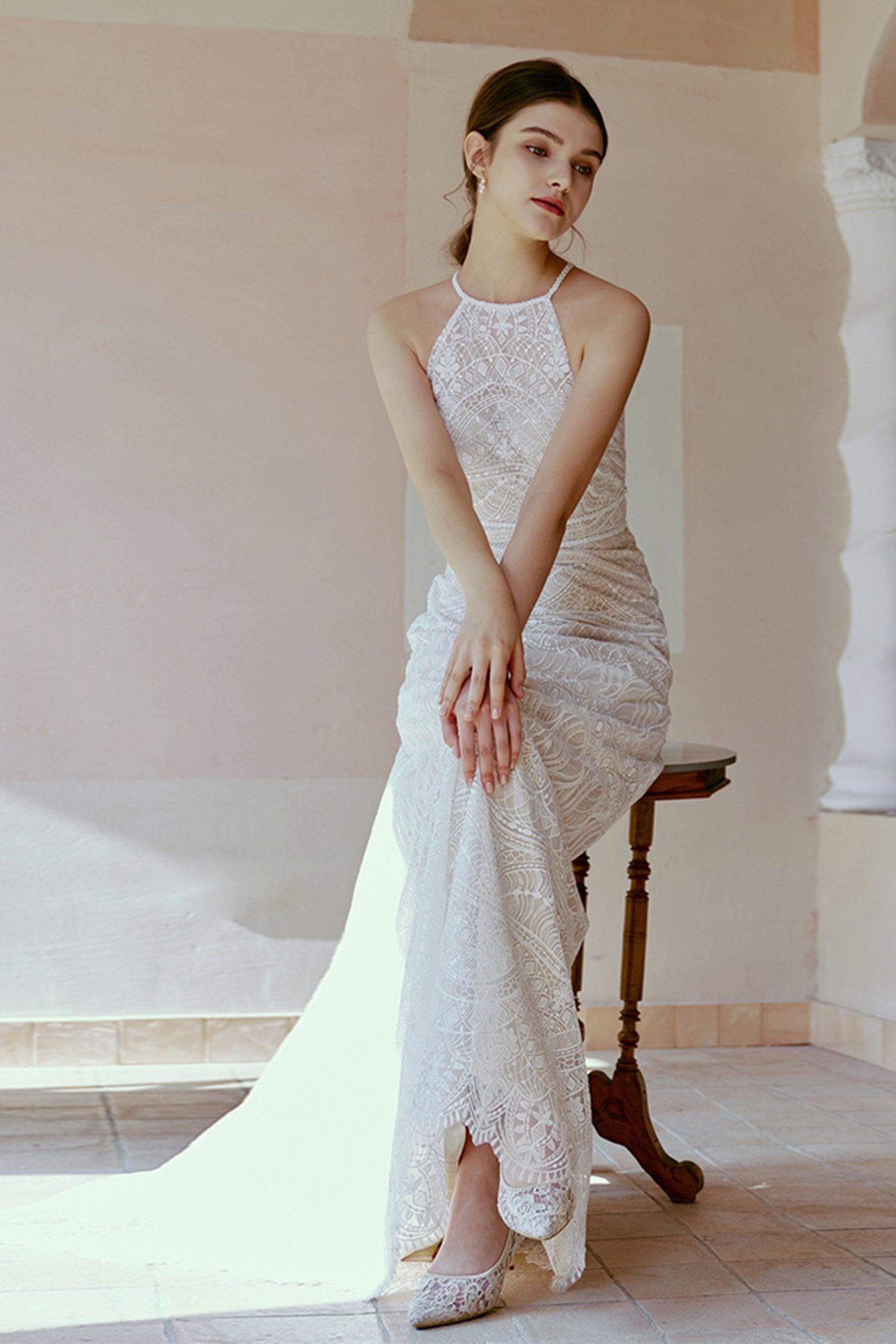 Sheath Sweep-Brush Train Lace Tulle Wedding Dress CW2682 - COCOMELODY