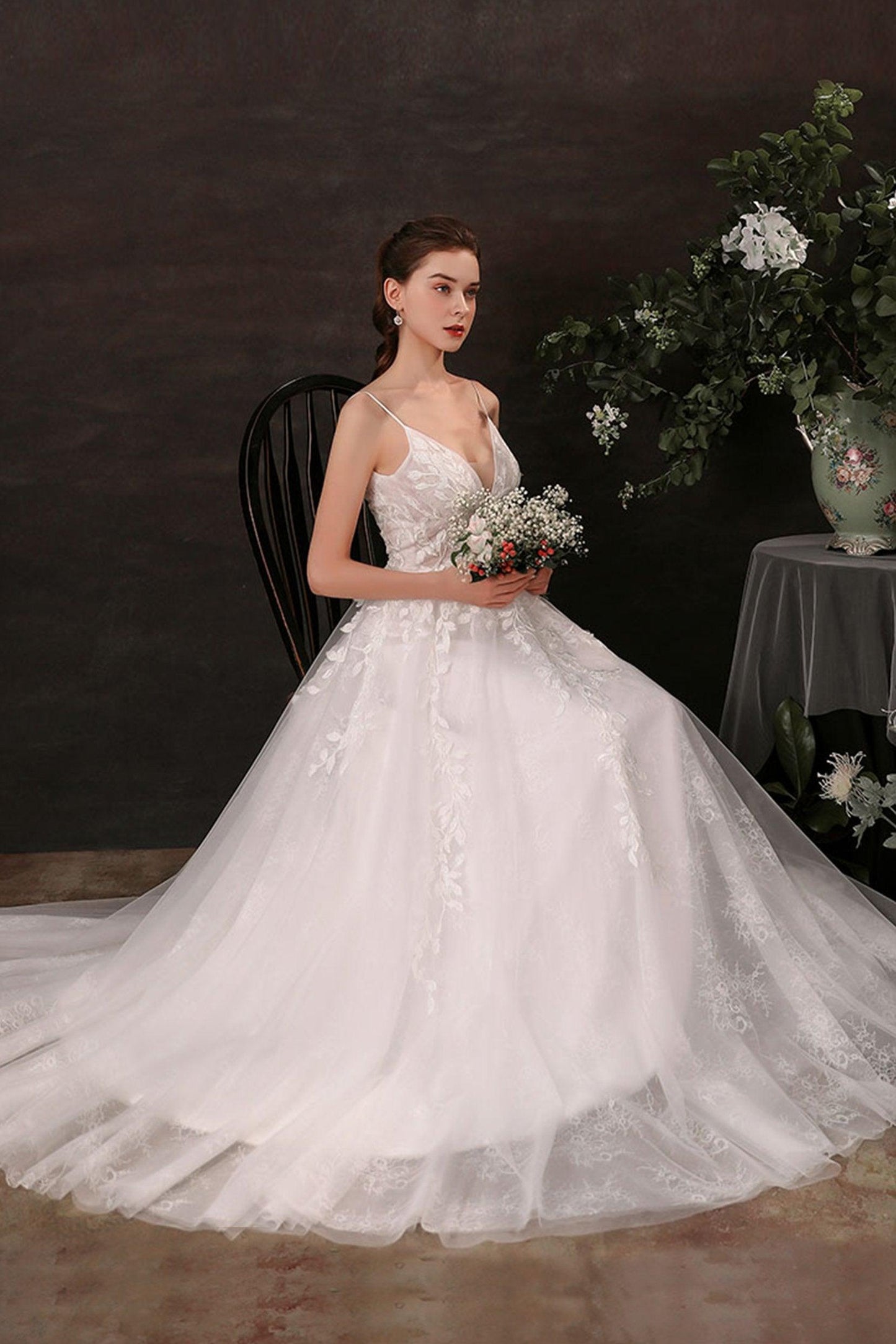 A-Line Sweep-Brush Train Lace Tulle Wedding Dress CW2685 - COCOMELODY