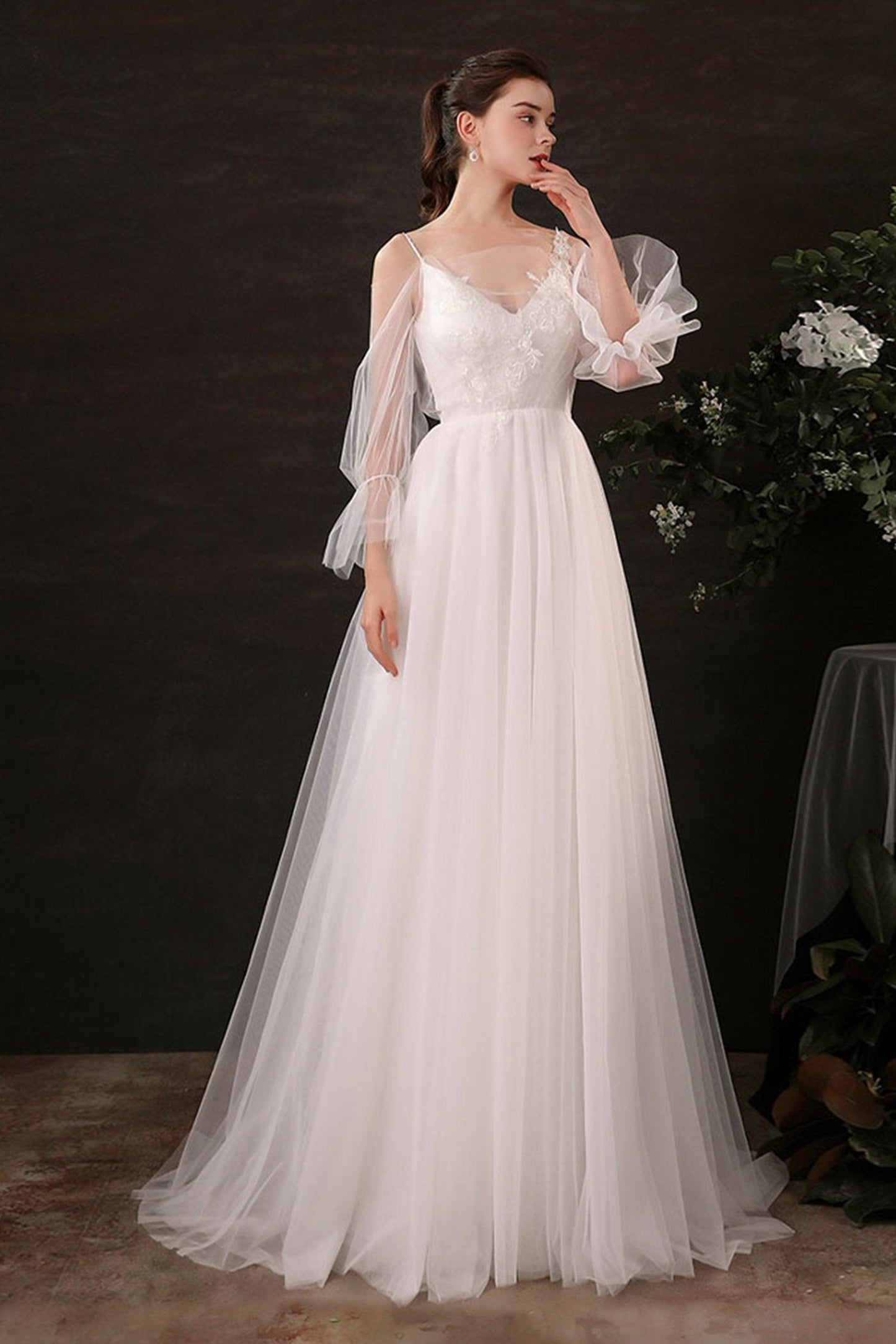 A-Line Floor Length Lace Tulle Wedding Dress CW2688