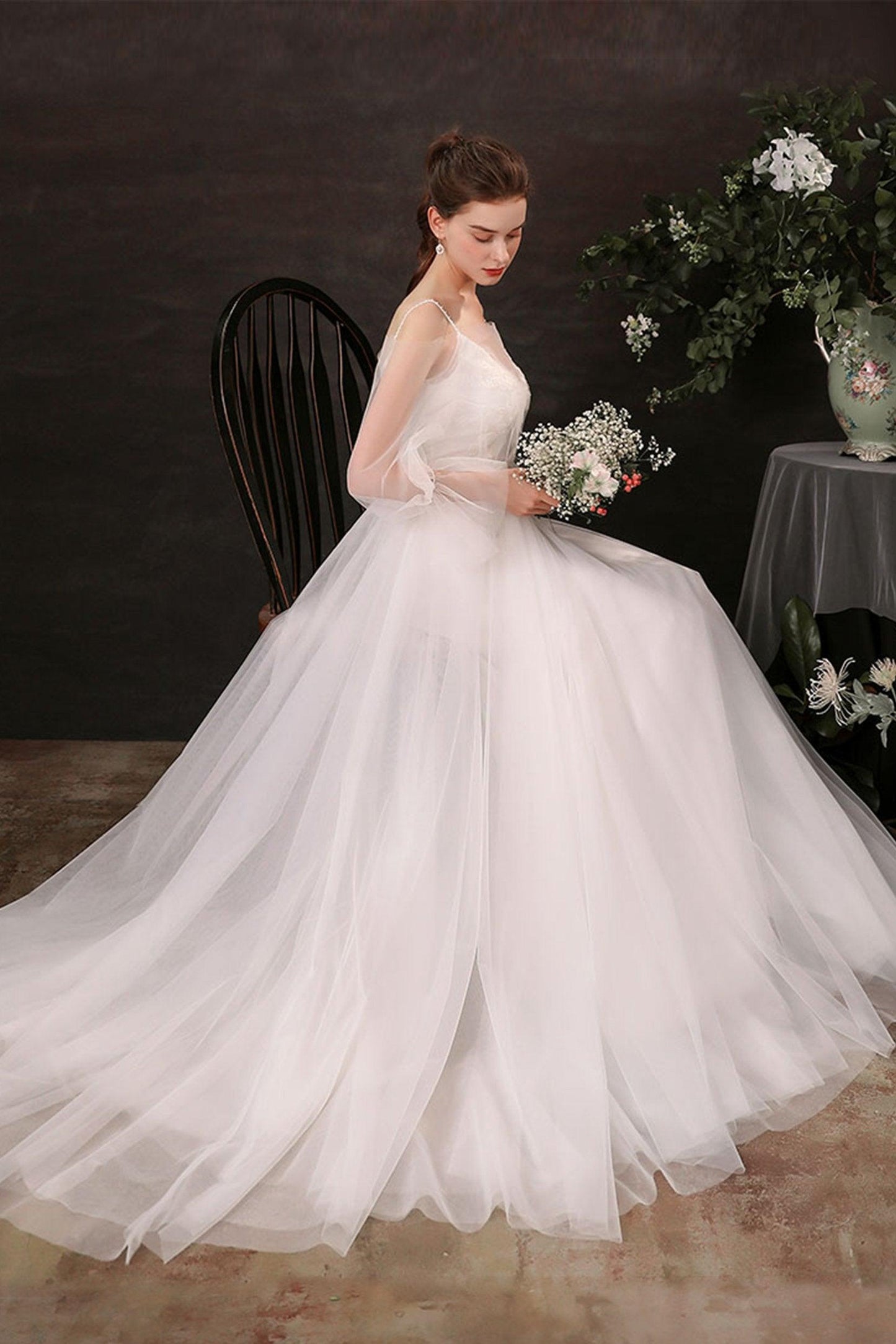 A-Line Floor Length Lace Tulle Wedding Dress CW2688