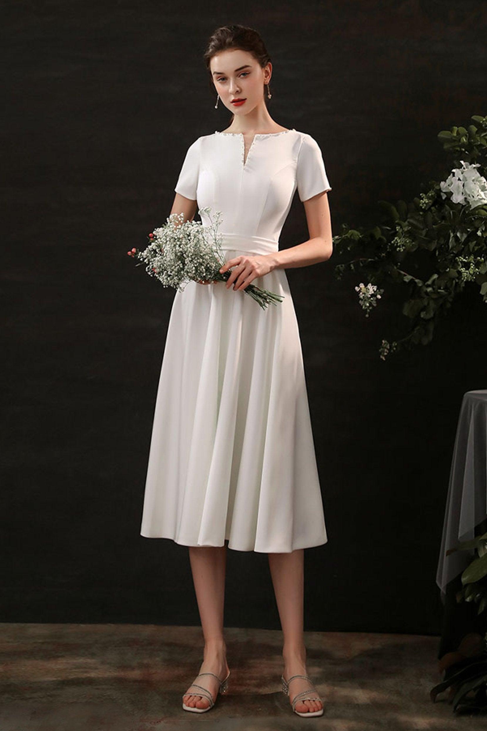 Sheath-Column Tea Length Satin Wedding Dress CW2694 - COCOMELODY