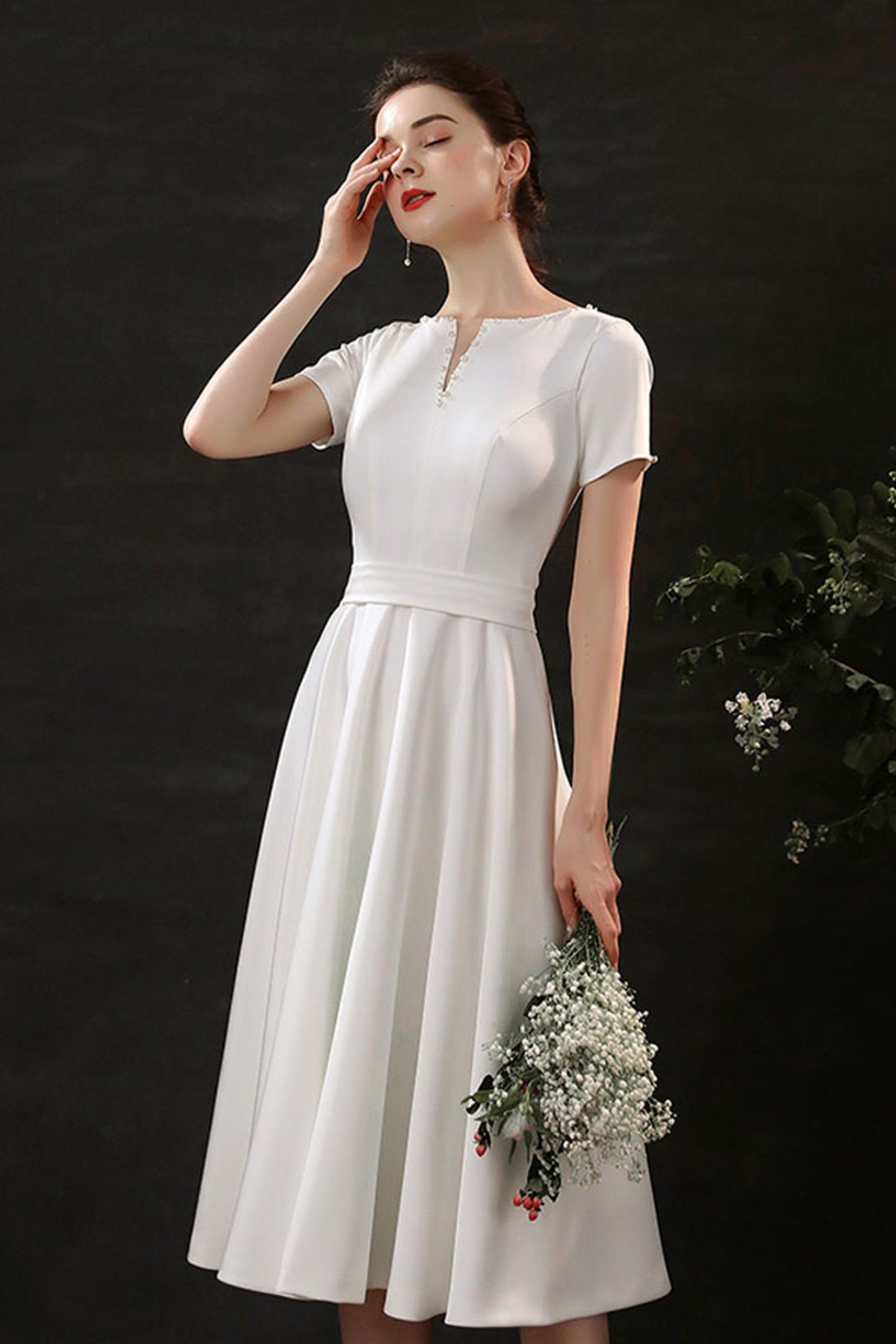 Sheath-Column Tea Length Satin Wedding Dress CW2694 - COCOMELODY