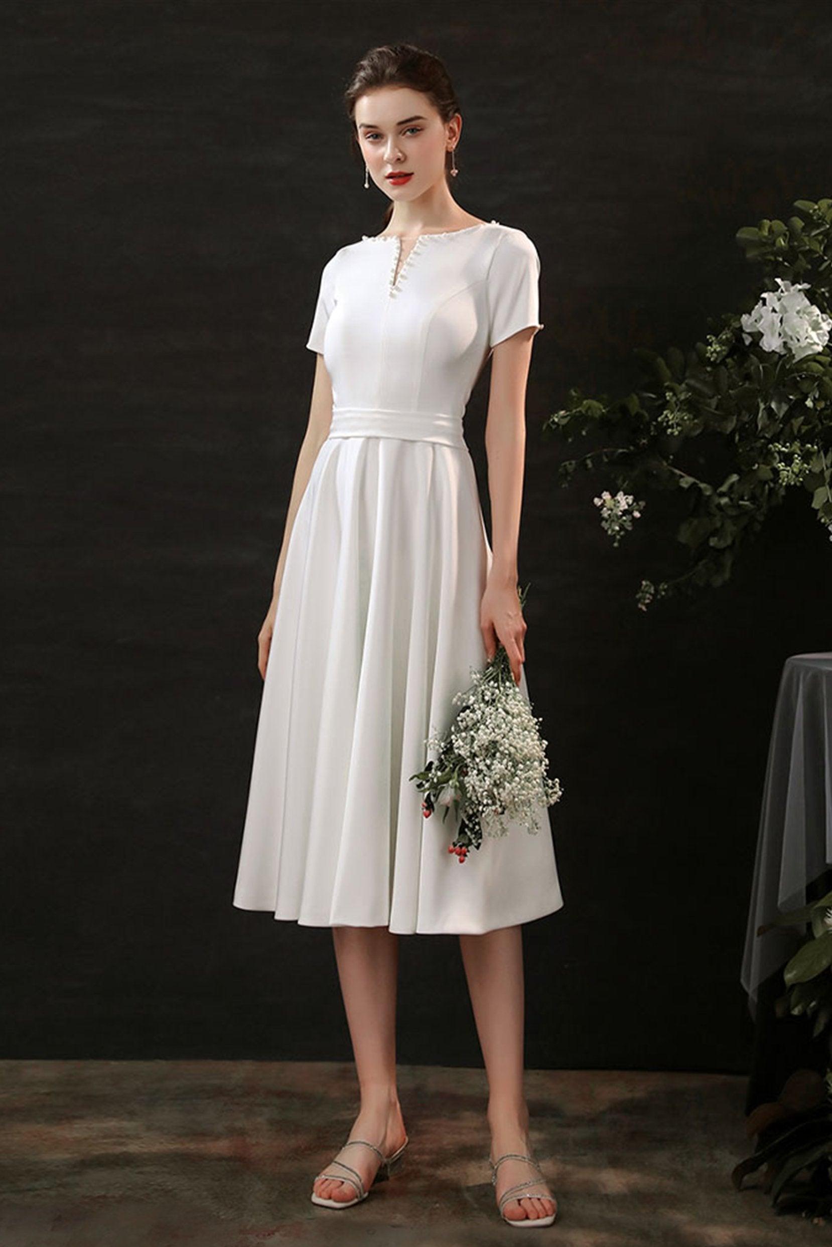 Sheath-Column Tea Length Satin Wedding Dress CW2694 - COCOMELODY
