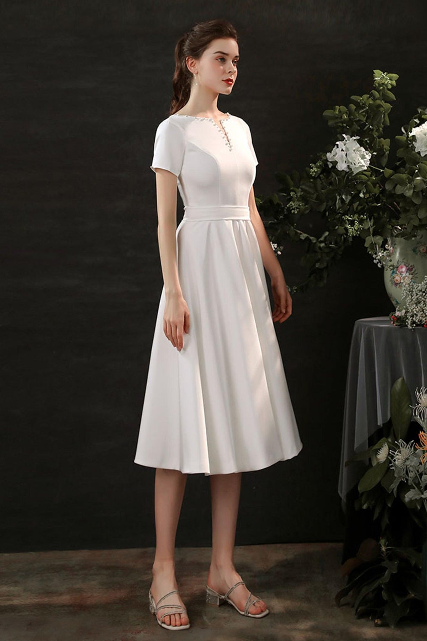 Sheath-Column Tea Length Satin Wedding Dress CW2694