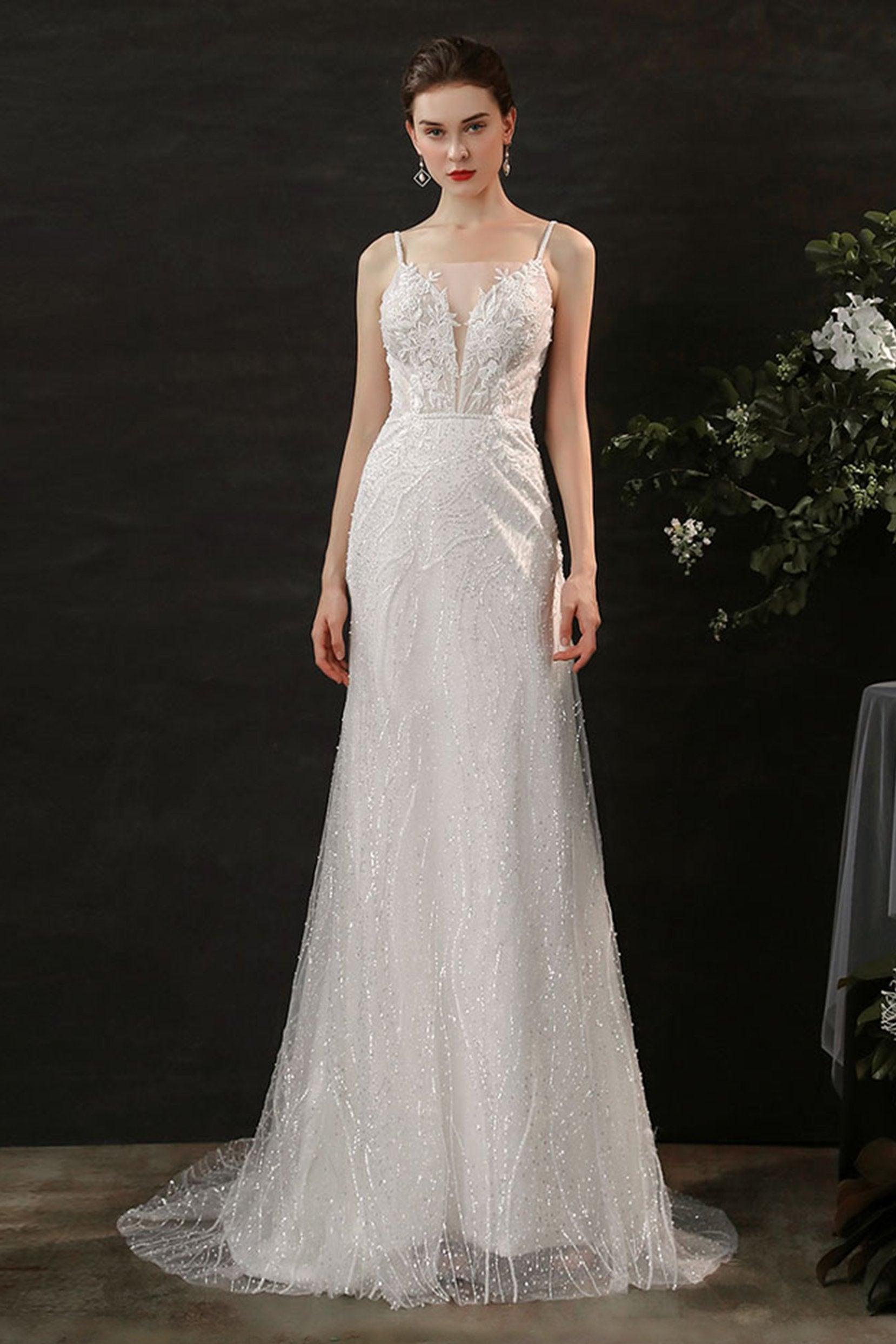 Sheath Sweep-Brush Train Lace Tulle Wedding Dress CW2699 - COCOMELODY
