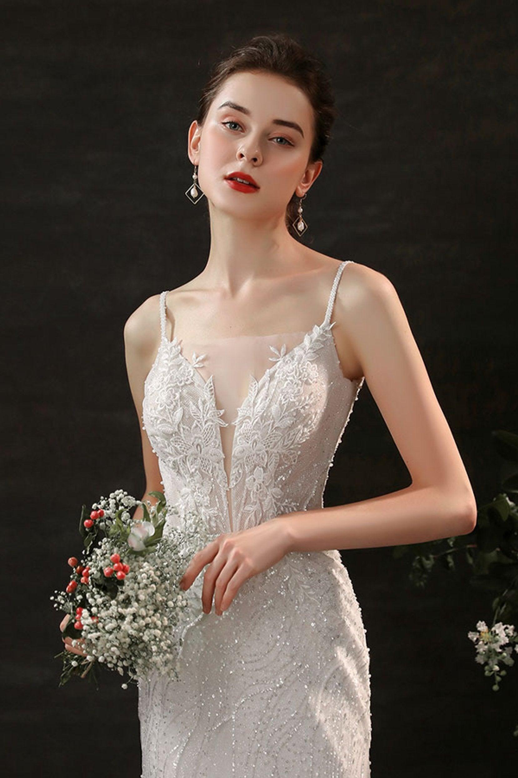 Sheath Sweep-Brush Train Lace Tulle Wedding Dress CW2699 - COCOMELODY