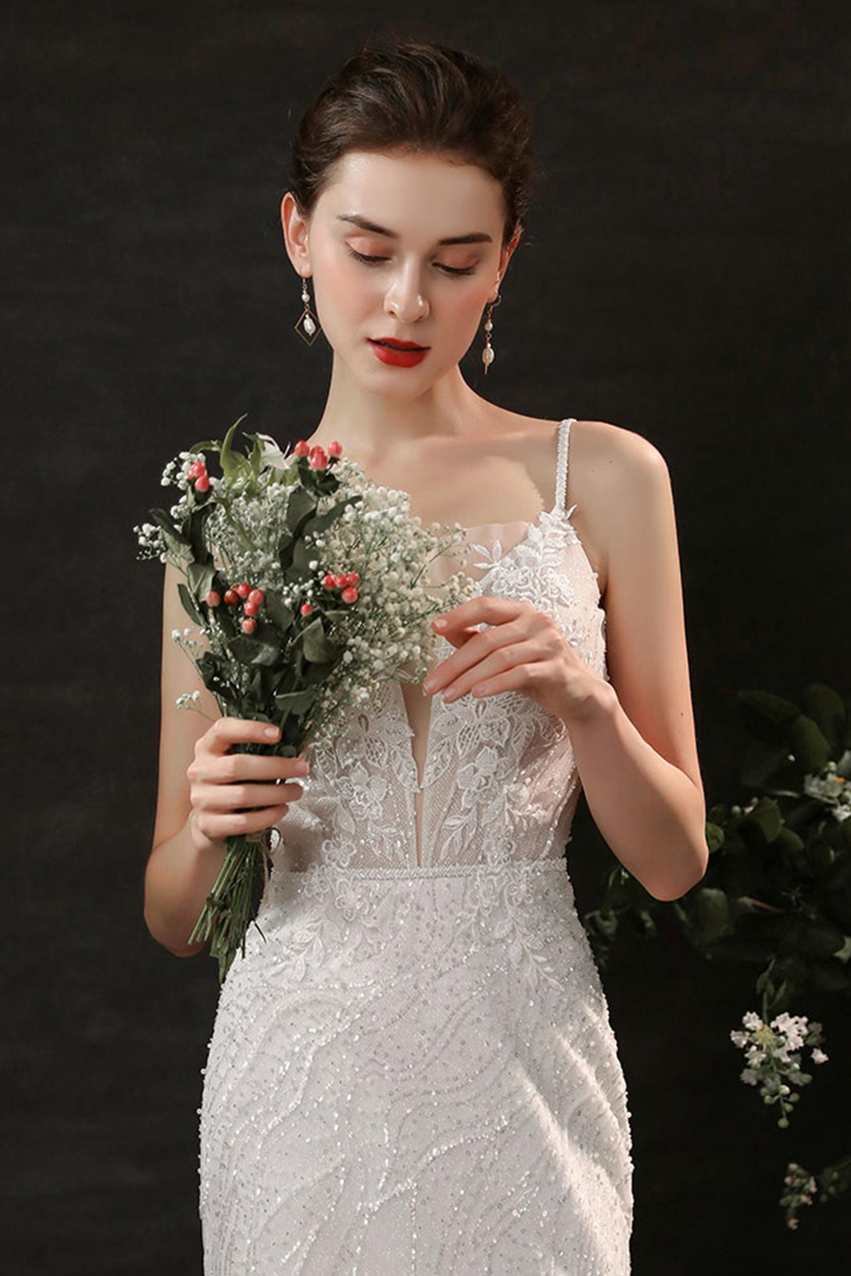 Sheath Sweep-Brush Train Lace Tulle Wedding Dress CW2699 - COCOMELODY