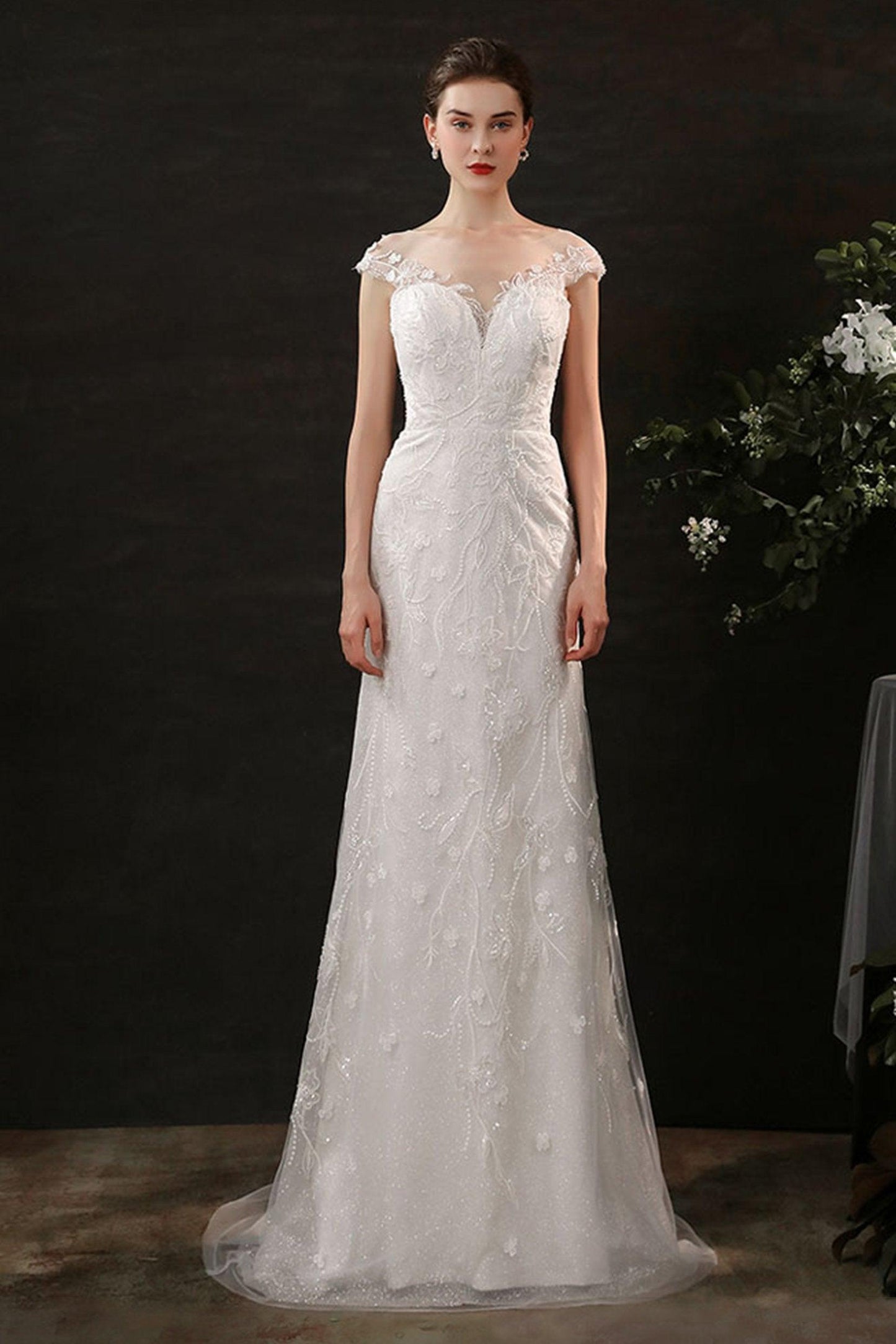 Sheath Sweep-Brush Train Lace Tulle Wedding Dress CW2700 - COCOMELODY