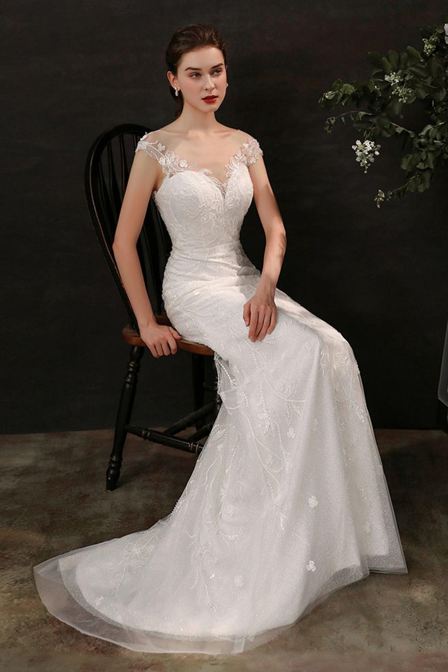 Sheath Sweep-Brush Train Lace Tulle Wedding Dress CW2700 - COCOMELODY