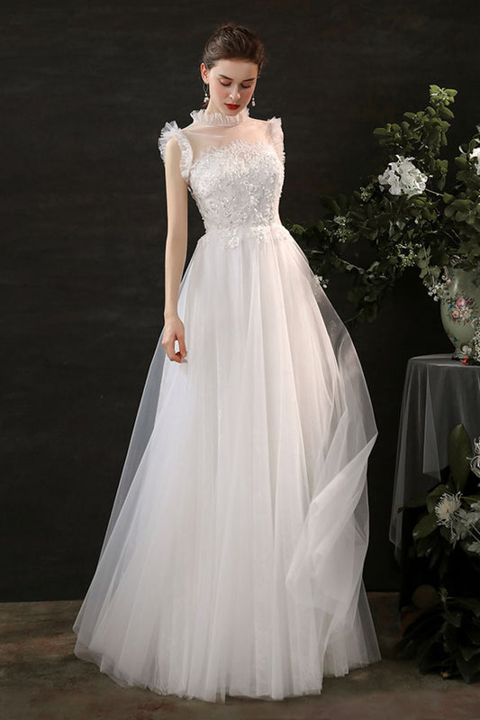 A-Line Sweep-Brush Train Lace Tulle Wedding Dress CW2701