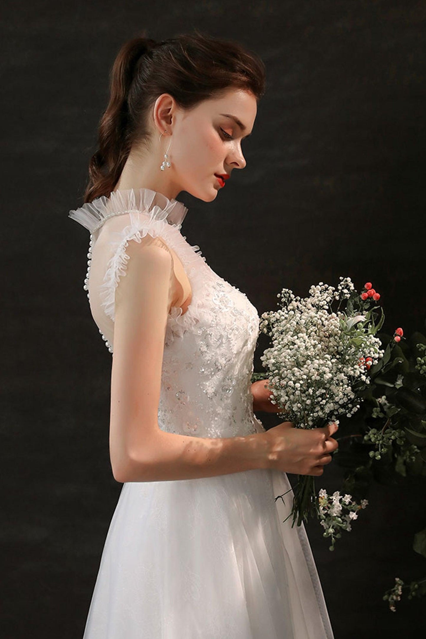 A-Line Sweep-Brush Train Lace Tulle Wedding Dress CW2701 - COCOMELODY