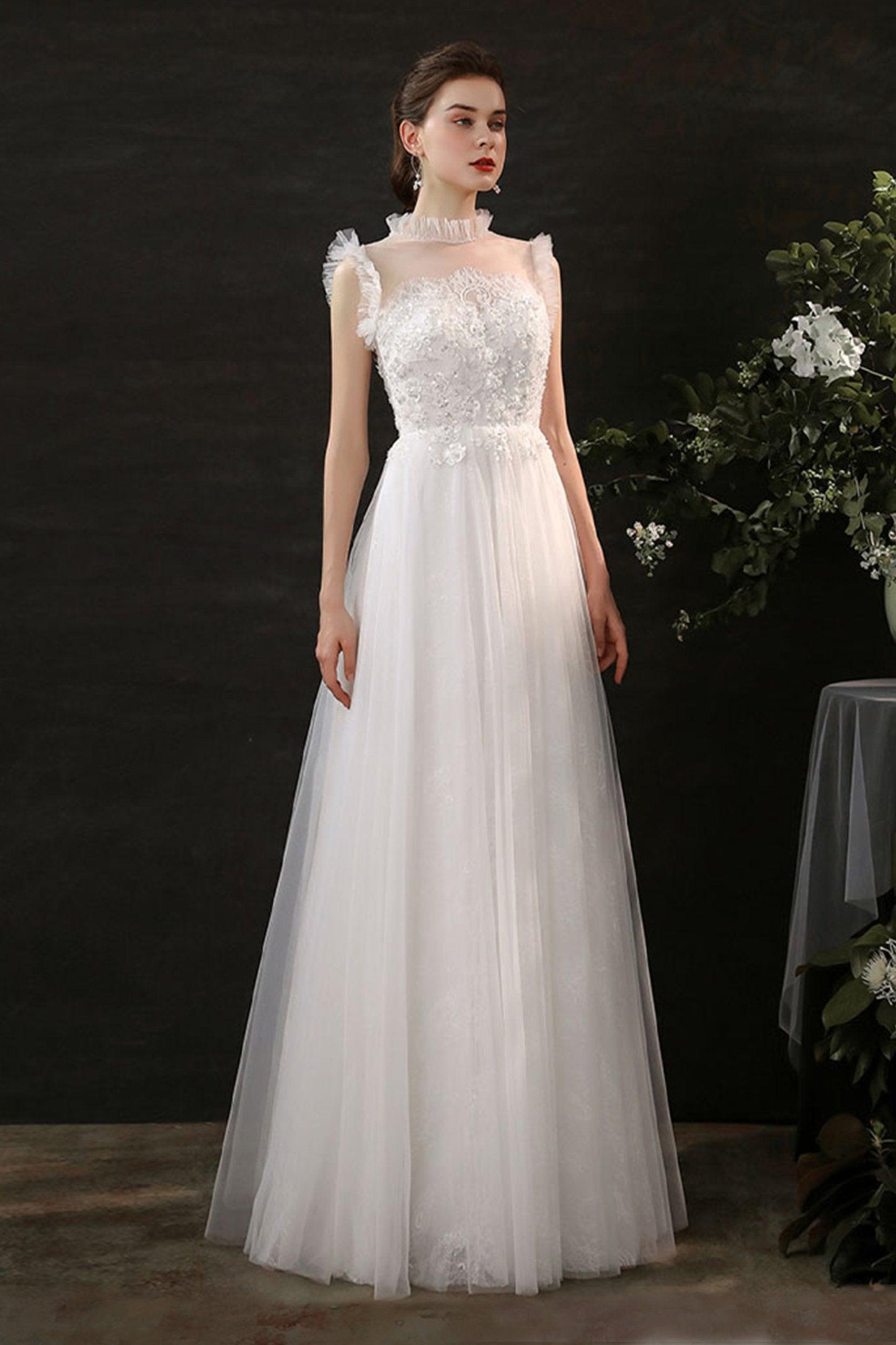 A-Line Sweep-Brush Train Lace Tulle Wedding Dress CW2701 - COCOMELODY
