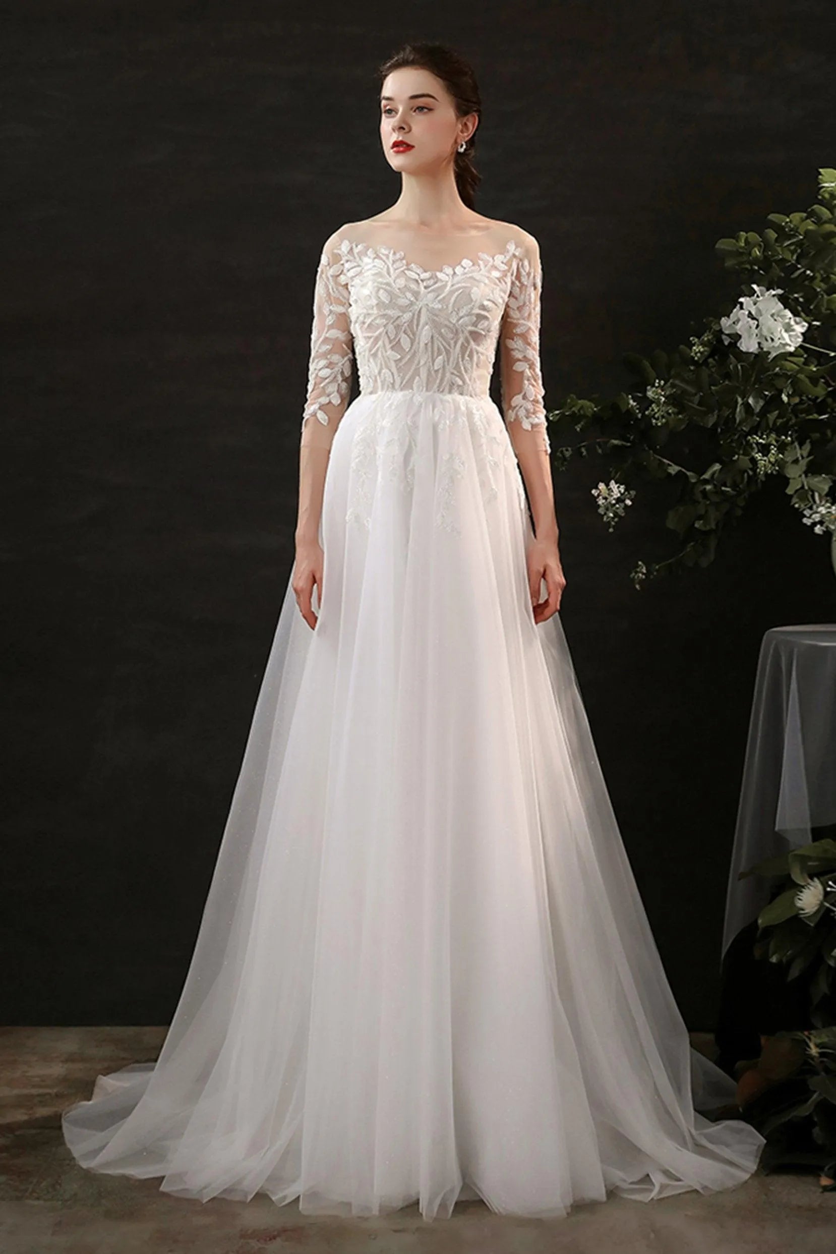 A-Line Sweep-Brush Train Lace Tulle Wedding Dress CW2703 - COCOMELODY