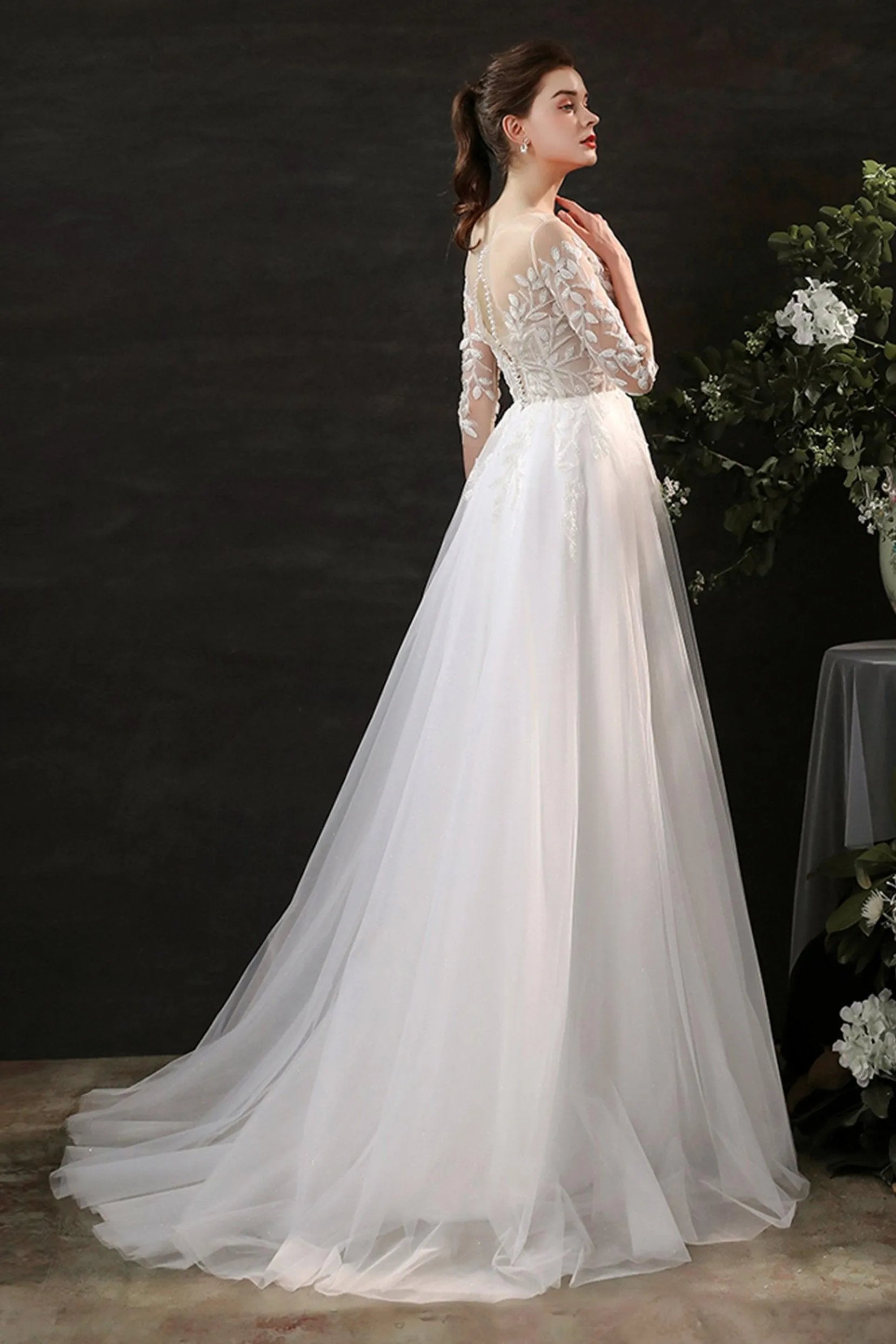 A-Line Sweep-Brush Train Lace Tulle Wedding Dress CW2703 - COCOMELODY