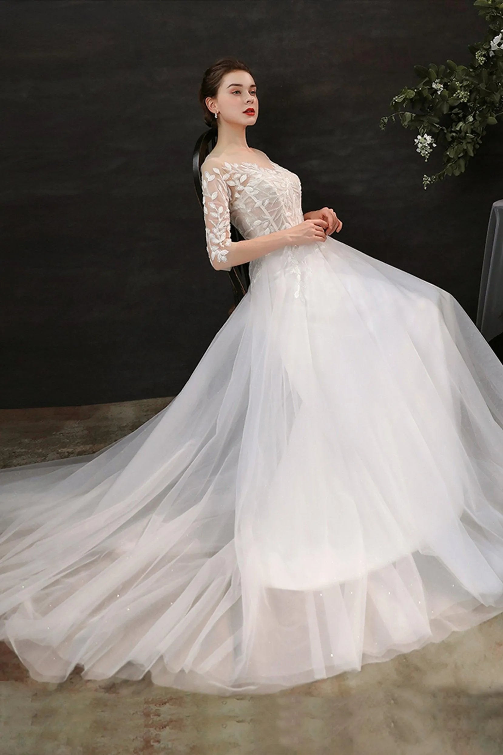 A-Line Sweep-Brush Train Lace Tulle Wedding Dress CW2703 - COCOMELODY
