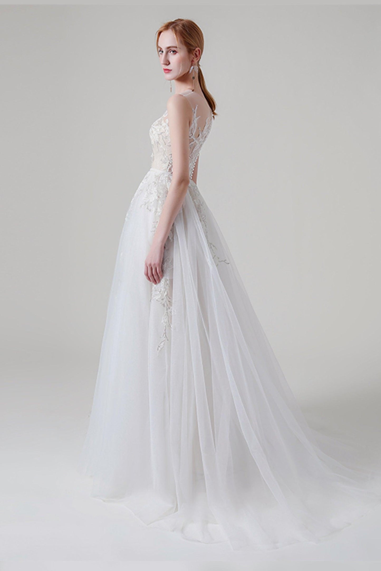 A-Line Sweep-Brush Train Lace Tulle Wedding Dress CW2704 - COCOMELODY