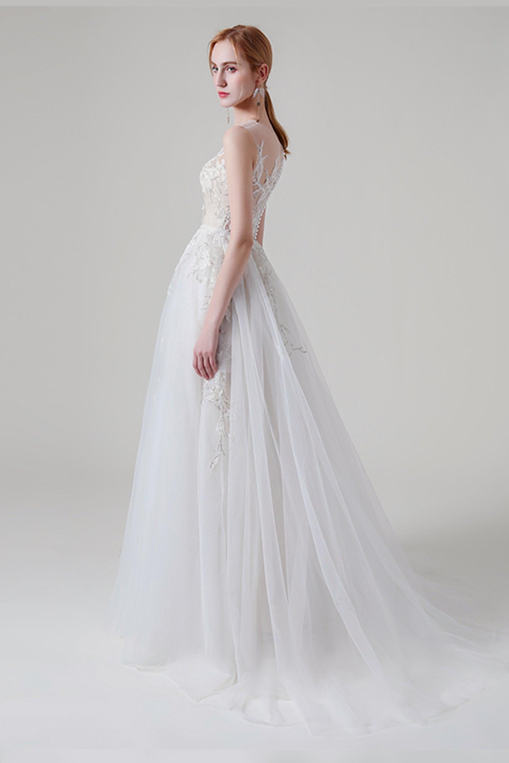 A-Line Sweep-Brush Train Lace Tulle Wedding Dress CW2704 - COCOMELODY