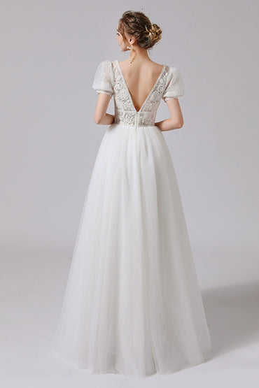 A-Line Floor Length Lace Tulle Wedding Dress CW2707 - COCOMELODY