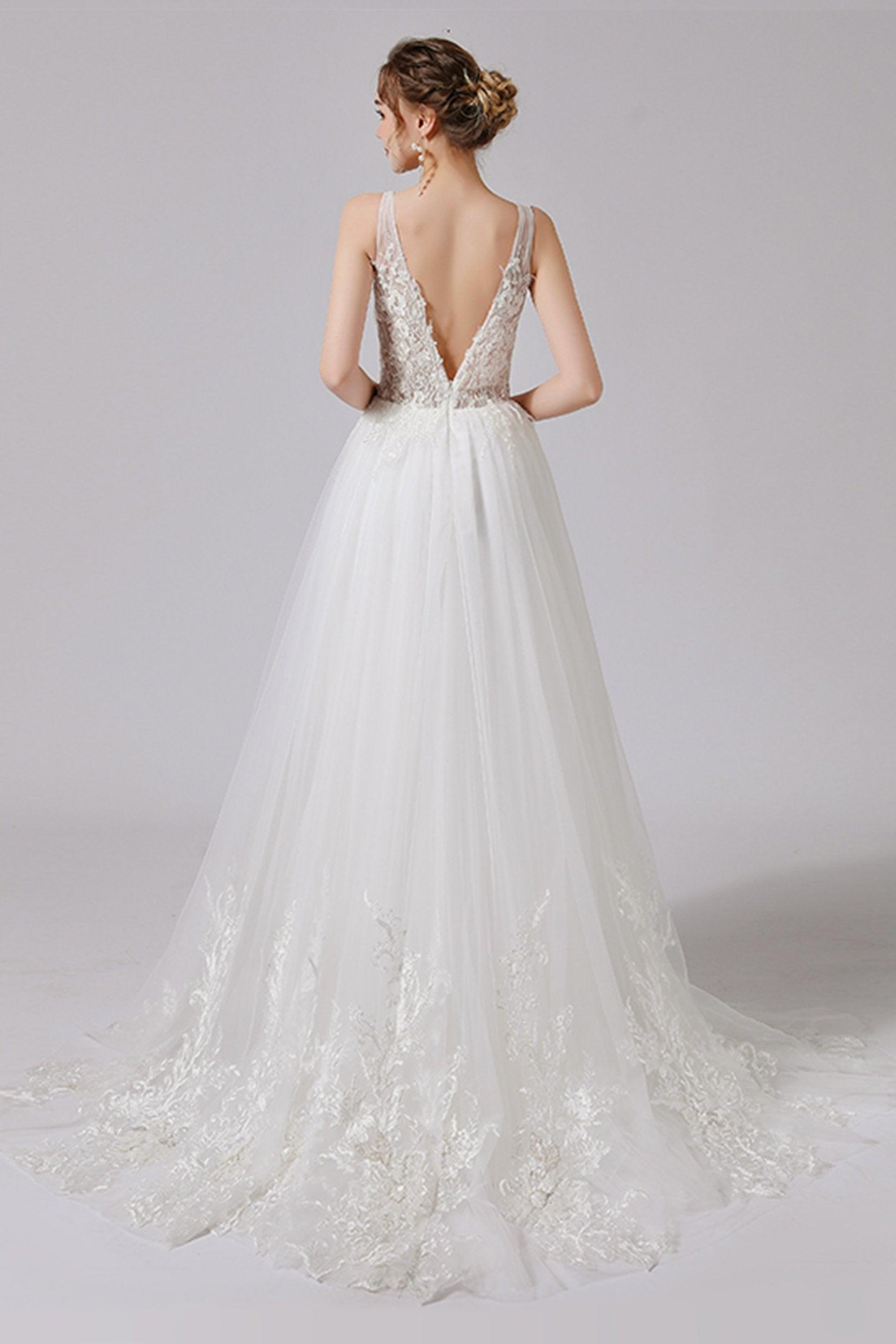 A-Line Sweep-Brush Train Lace Tulle Wedding Dress CW2709 - COCOMELODY