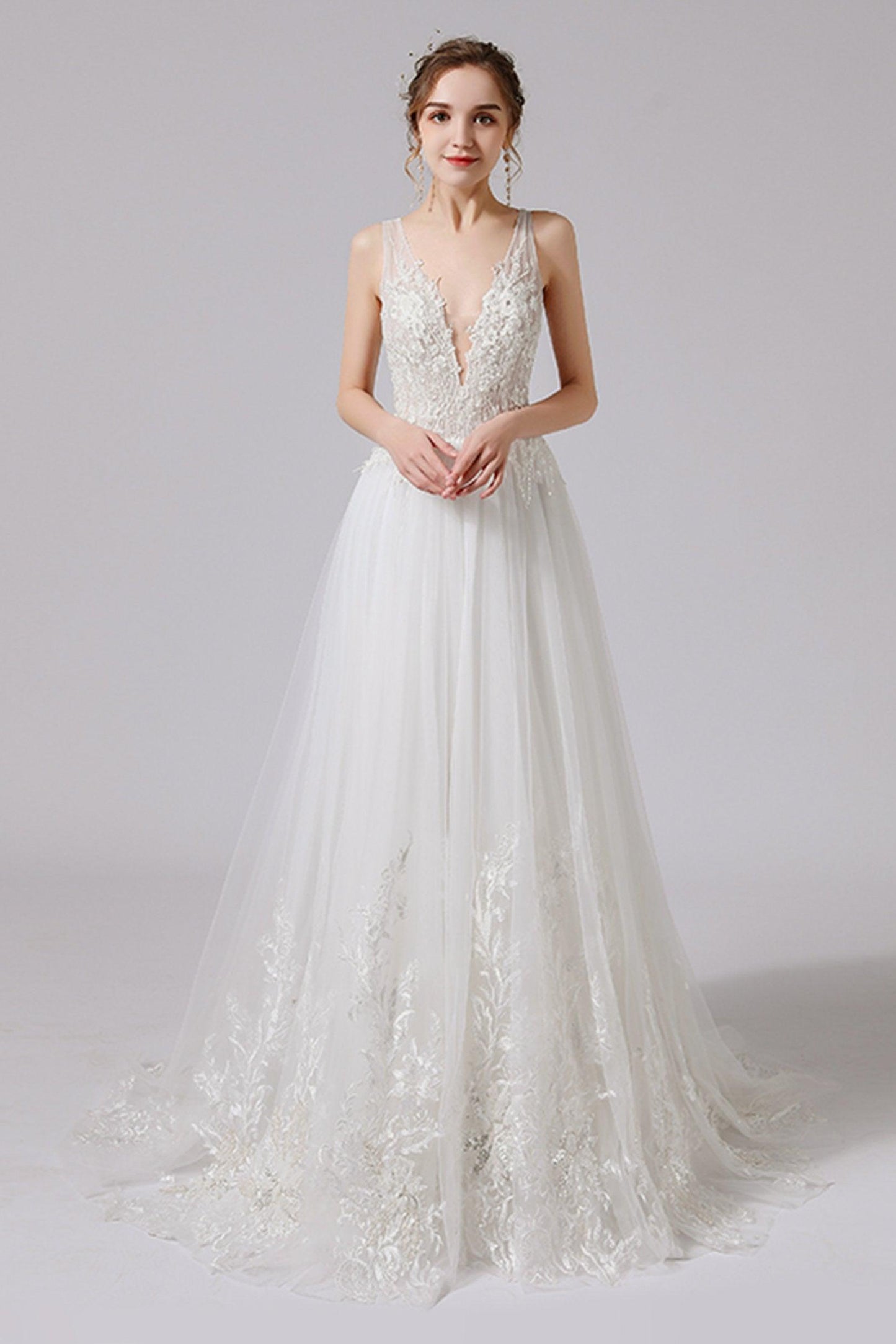 A-Line Sweep-Brush Train Lace Tulle Wedding Dress CW2709 - COCOMELODY