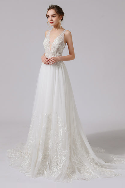 A-Line Sweep-Brush Train Lace Tulle Wedding Dress CW2709