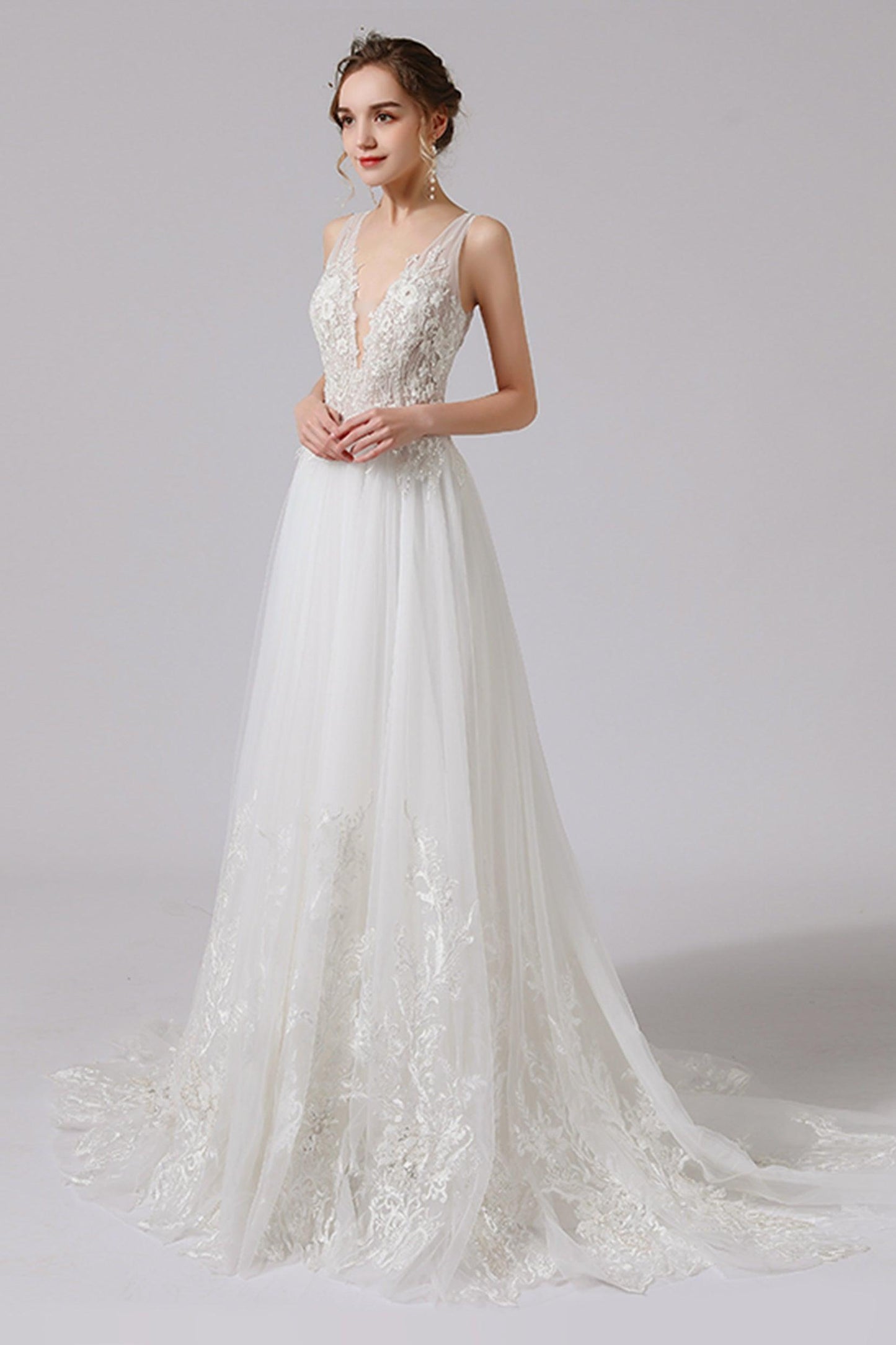 A-Line Sweep-Brush Train Lace Tulle Wedding Dress CW2709 - COCOMELODY