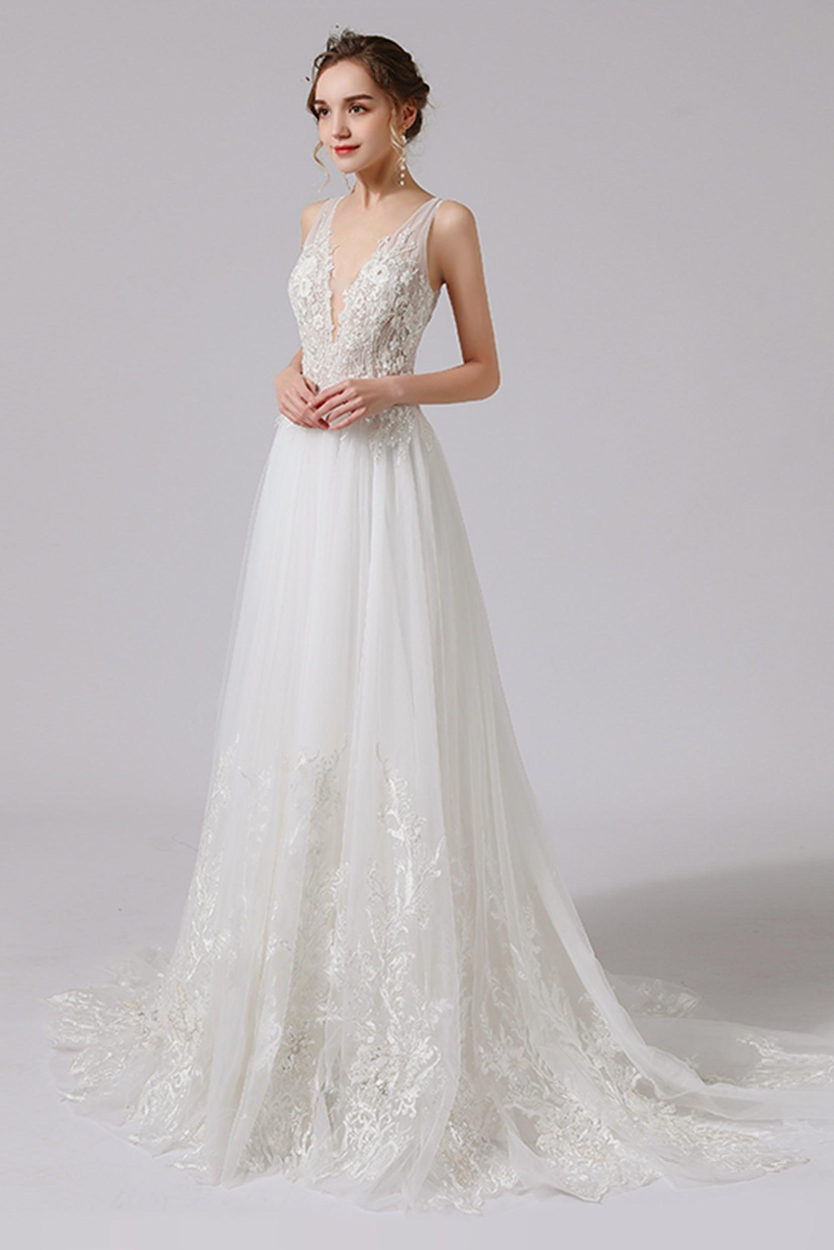A-Line Sweep-Brush Train Lace Tulle Wedding Dress CW2709 - COCOMELODY