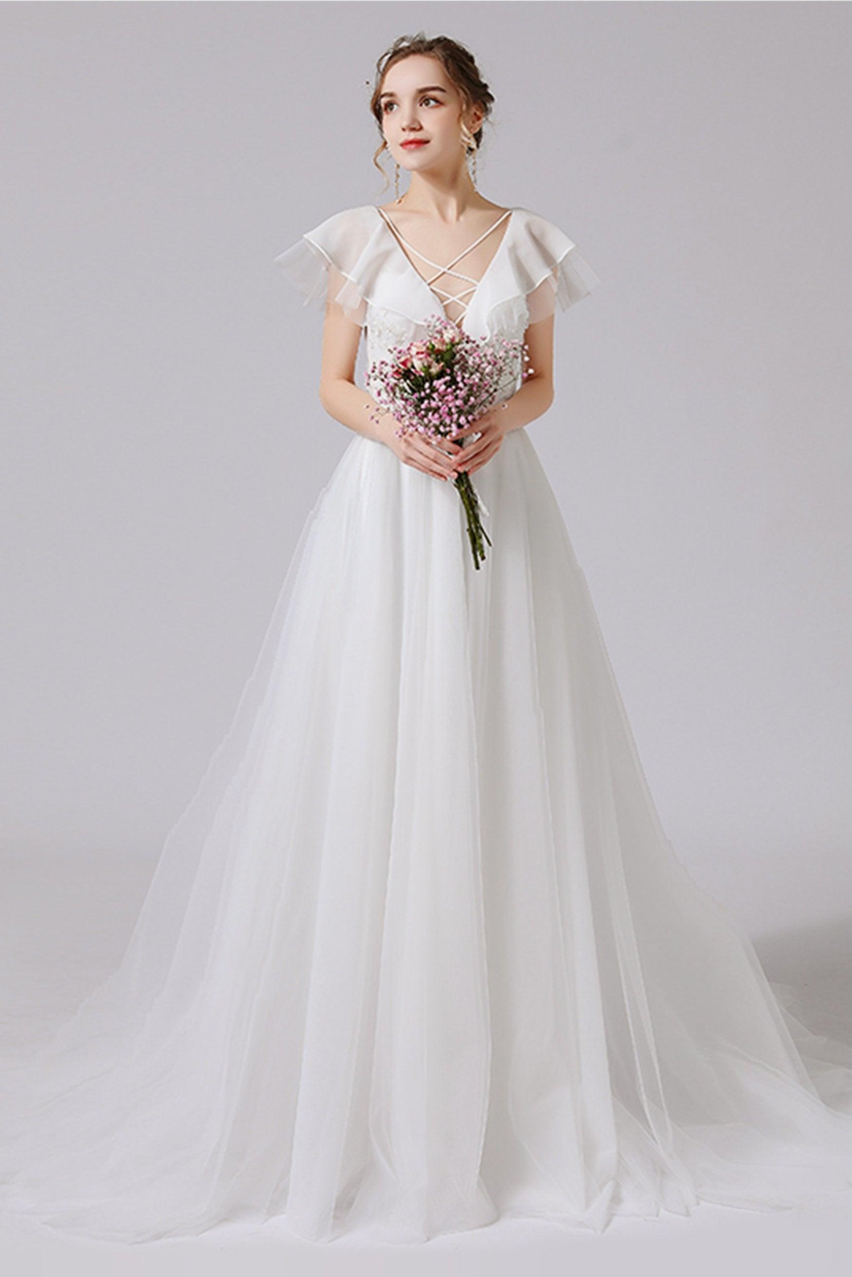 A-Line Sweep-Brush Train Lace Tulle Wedding Dress CW2710 - COCOMELODY