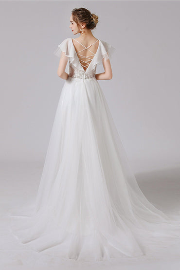 A-Line Sweep-Brush Train Lace Tulle Wedding Dress CW2710 - COCOMELODY