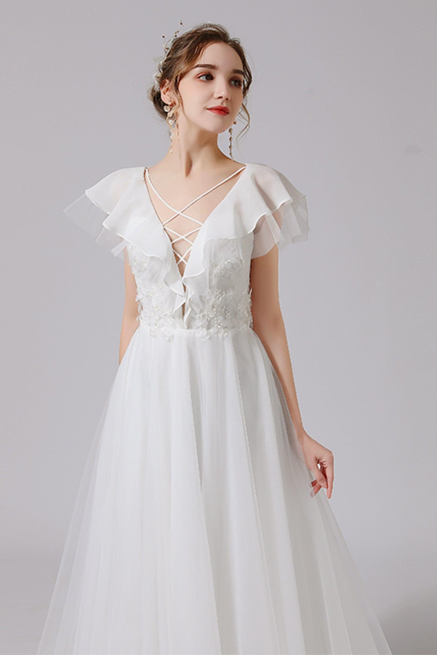 A-Line Sweep-Brush Train Lace Tulle Wedding Dress CW2710 - COCOMELODY