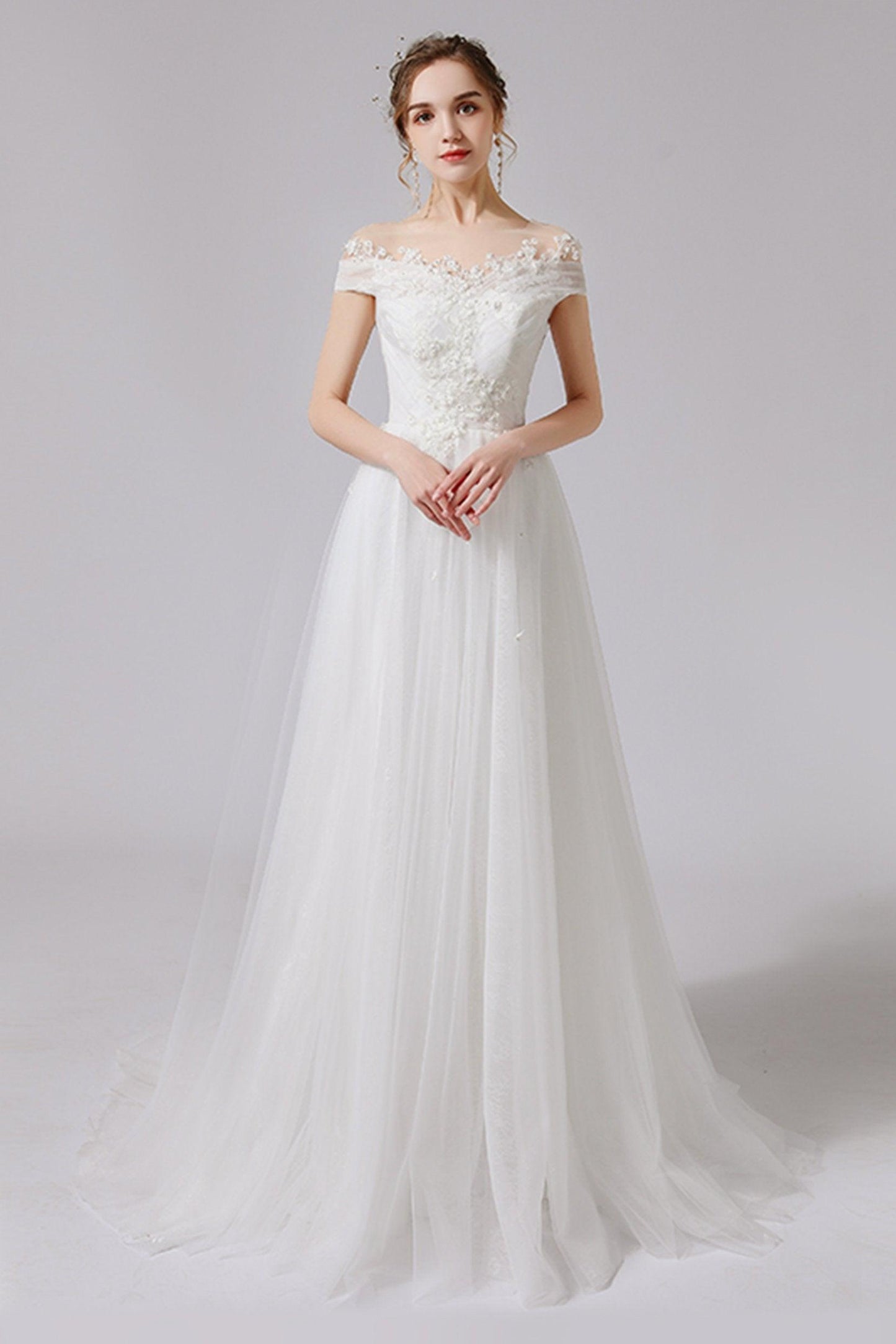 A-Line Sweep-Brush Train Lace Tulle Wedding Dress CW2711