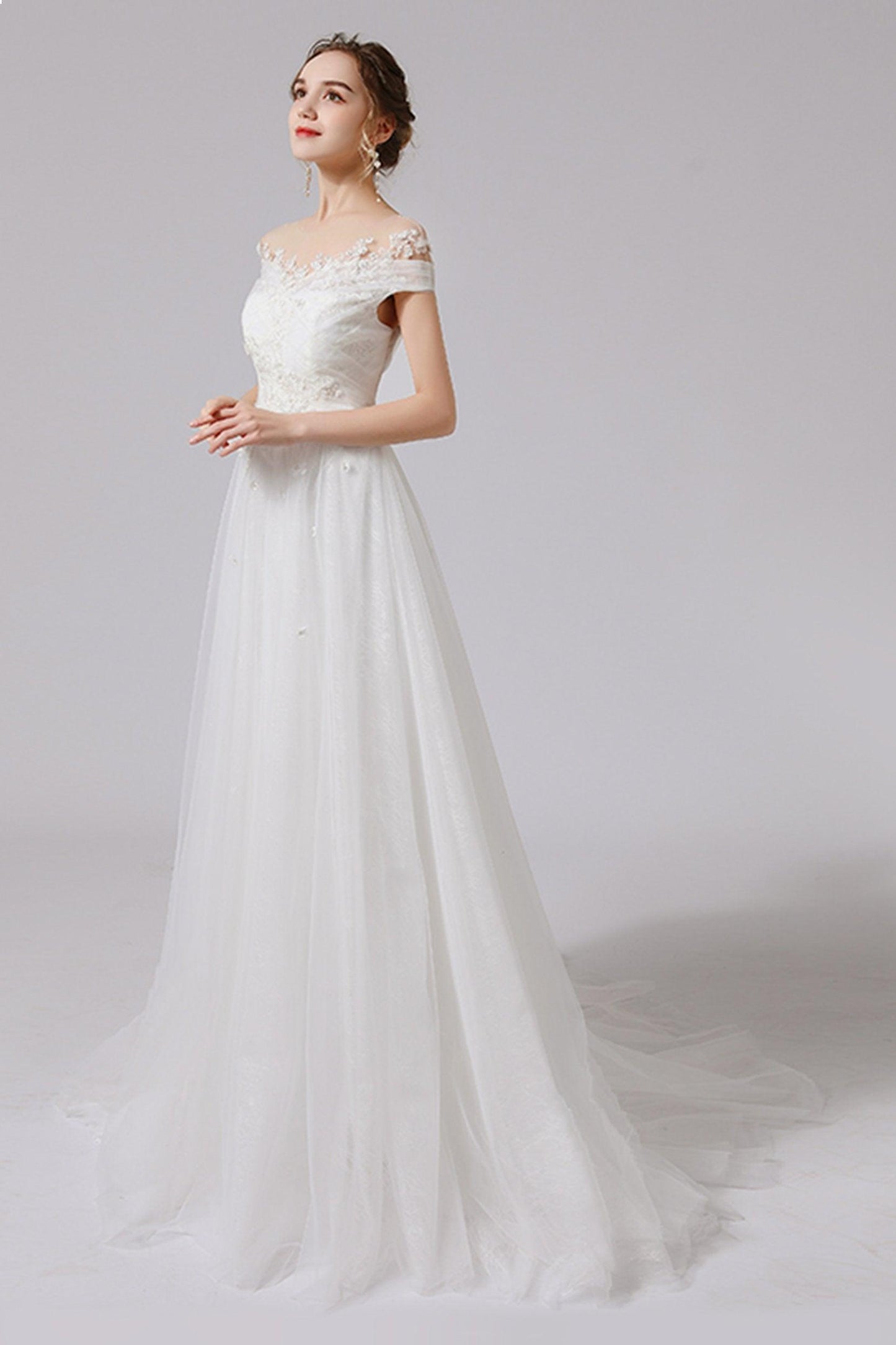 A-Line Sweep-Brush Train Lace Tulle Wedding Dress CW2711