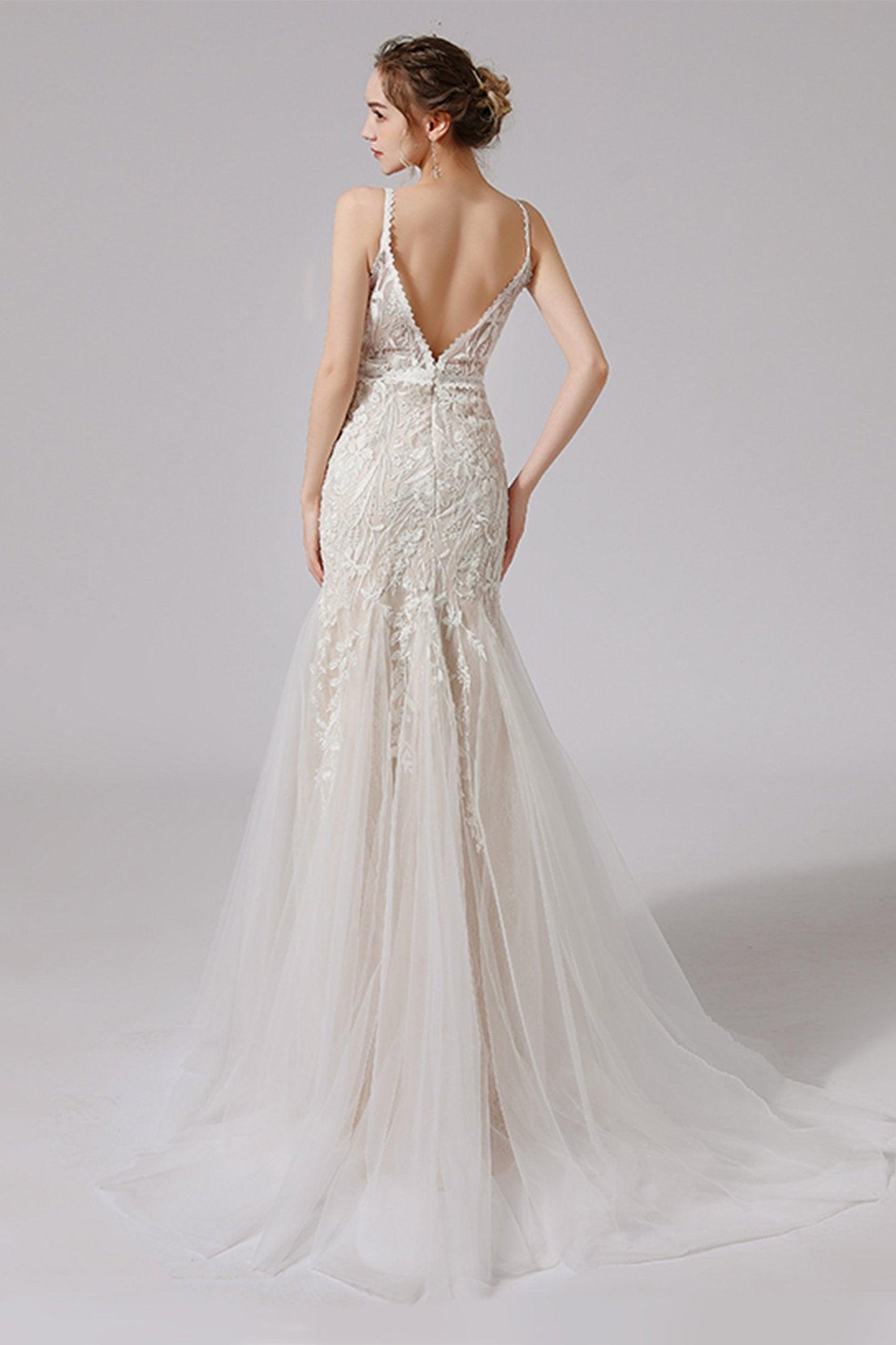 Trumpet Sweep-Brush Train Lace Tulle Wedding Dress CW2719 - COCOMELODY